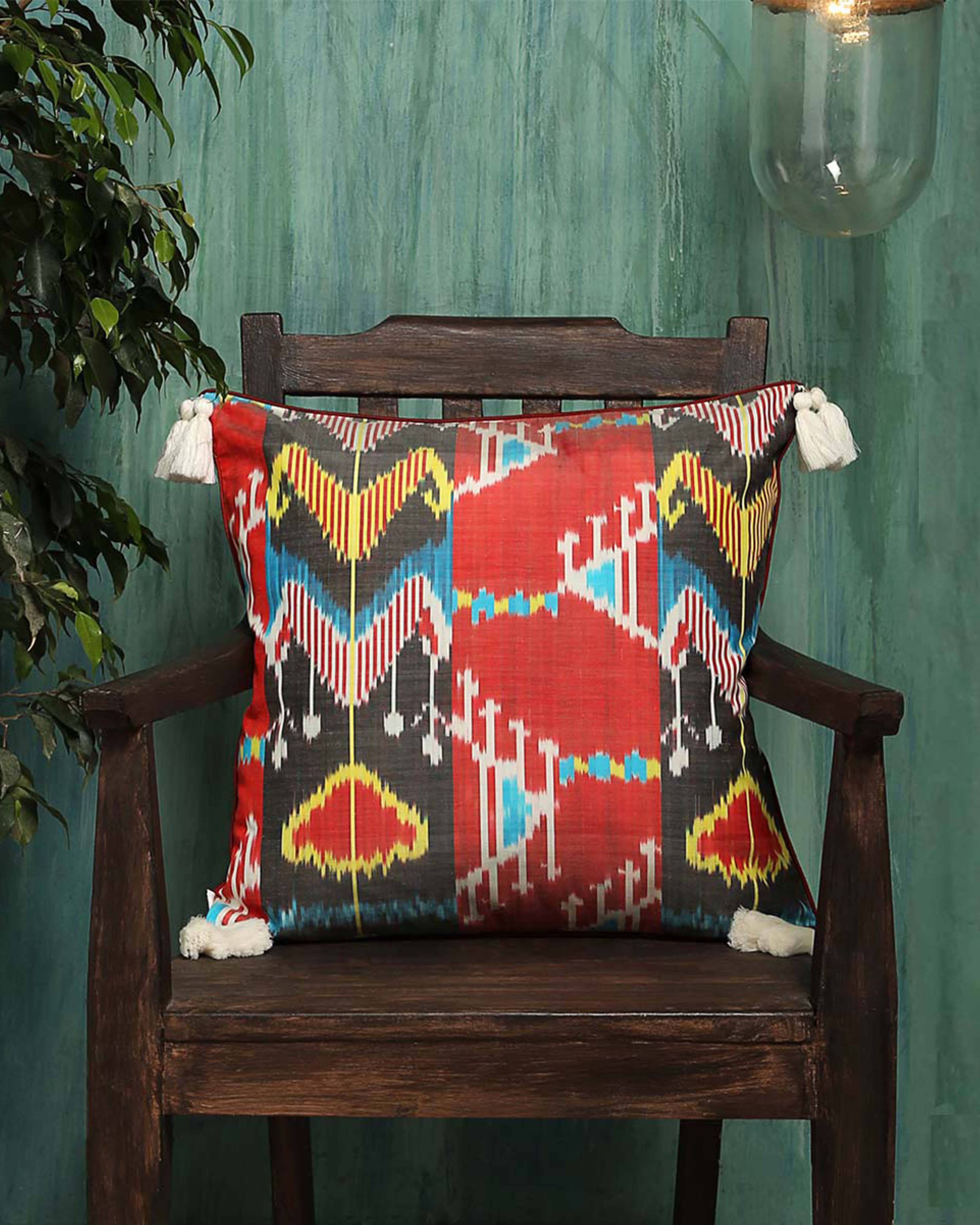 Uzbec Floral Pochampally Warp Ikat Silk Cushion Cover