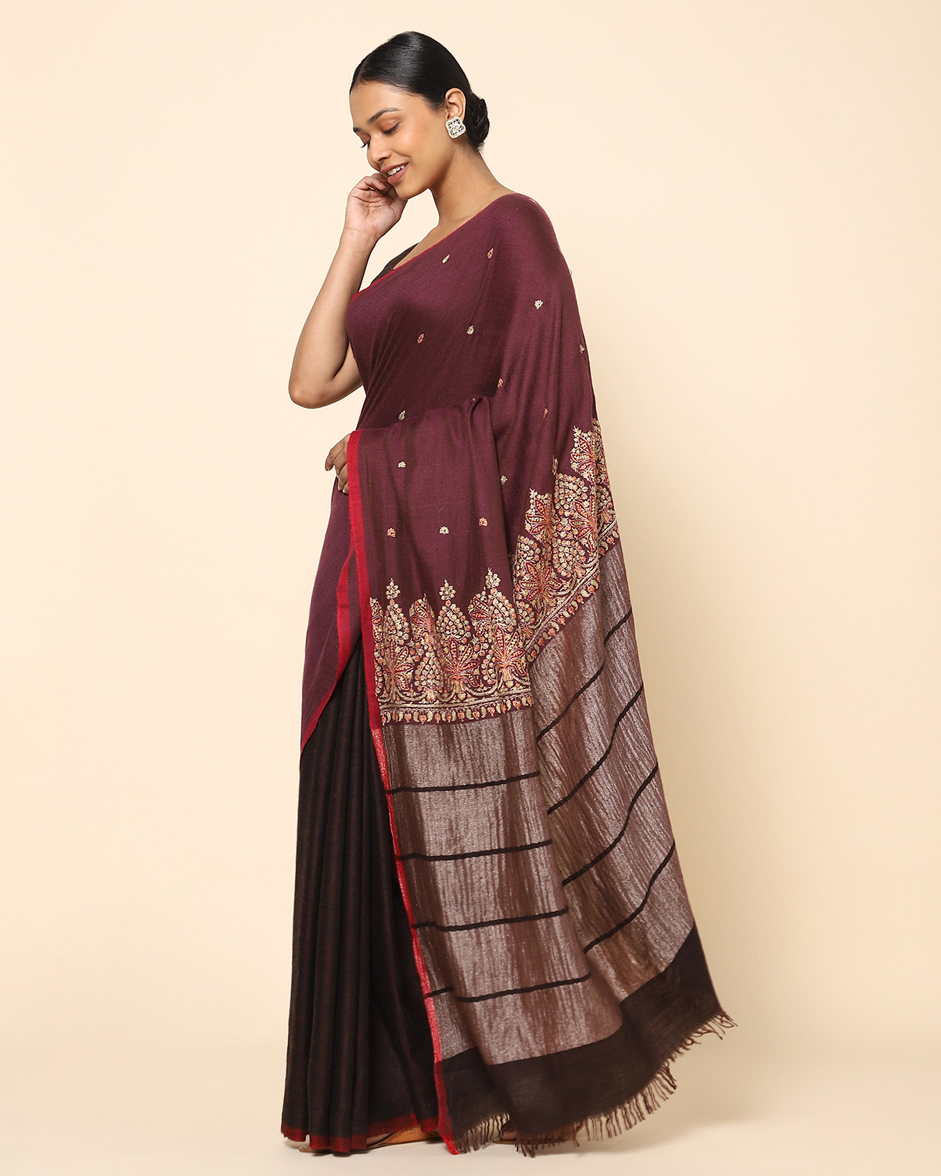 Janki Kashmir Sozni Embroidery Pashmina Saree