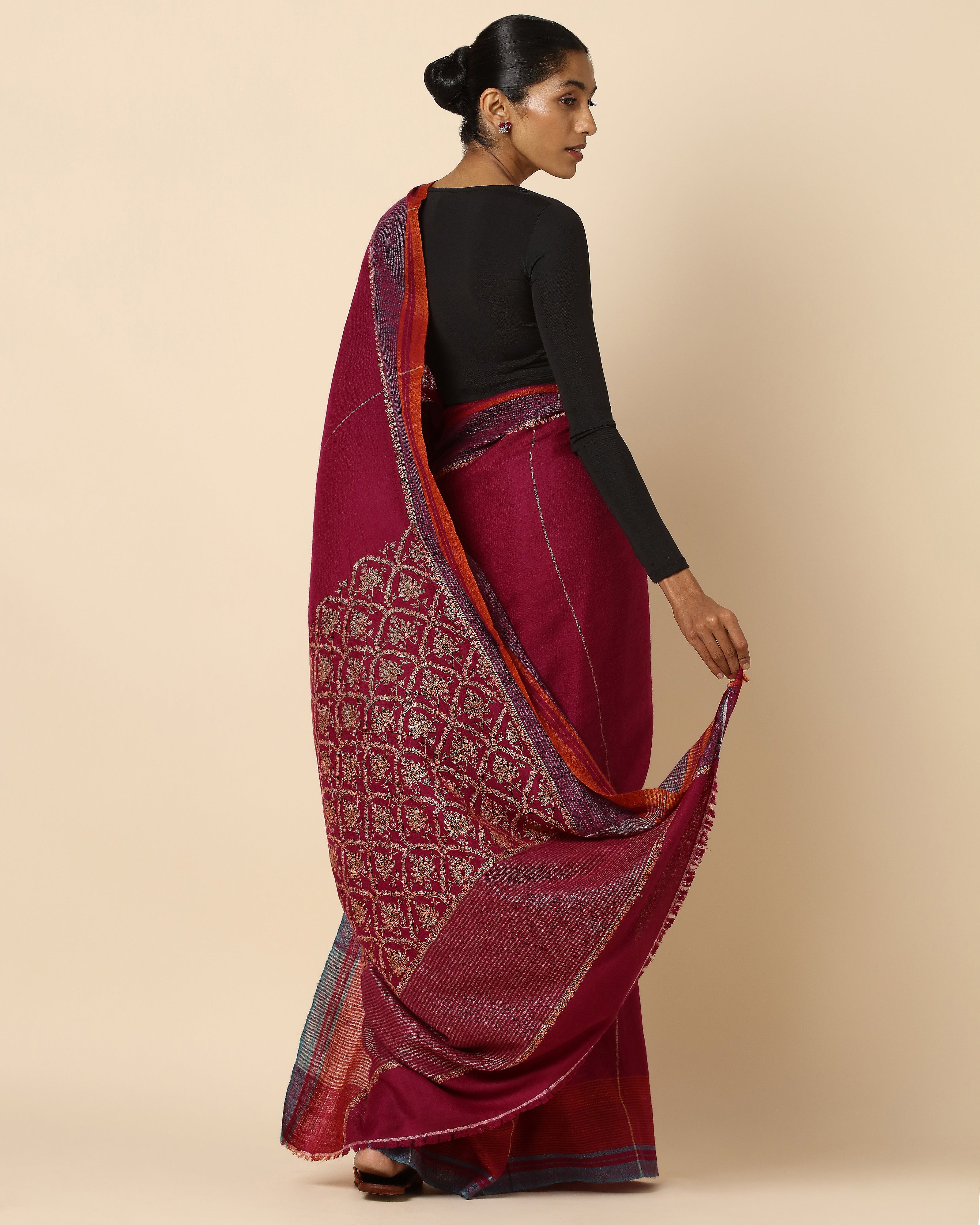 Sayan Kashmir Sozni Embroidery Pashmina Saree