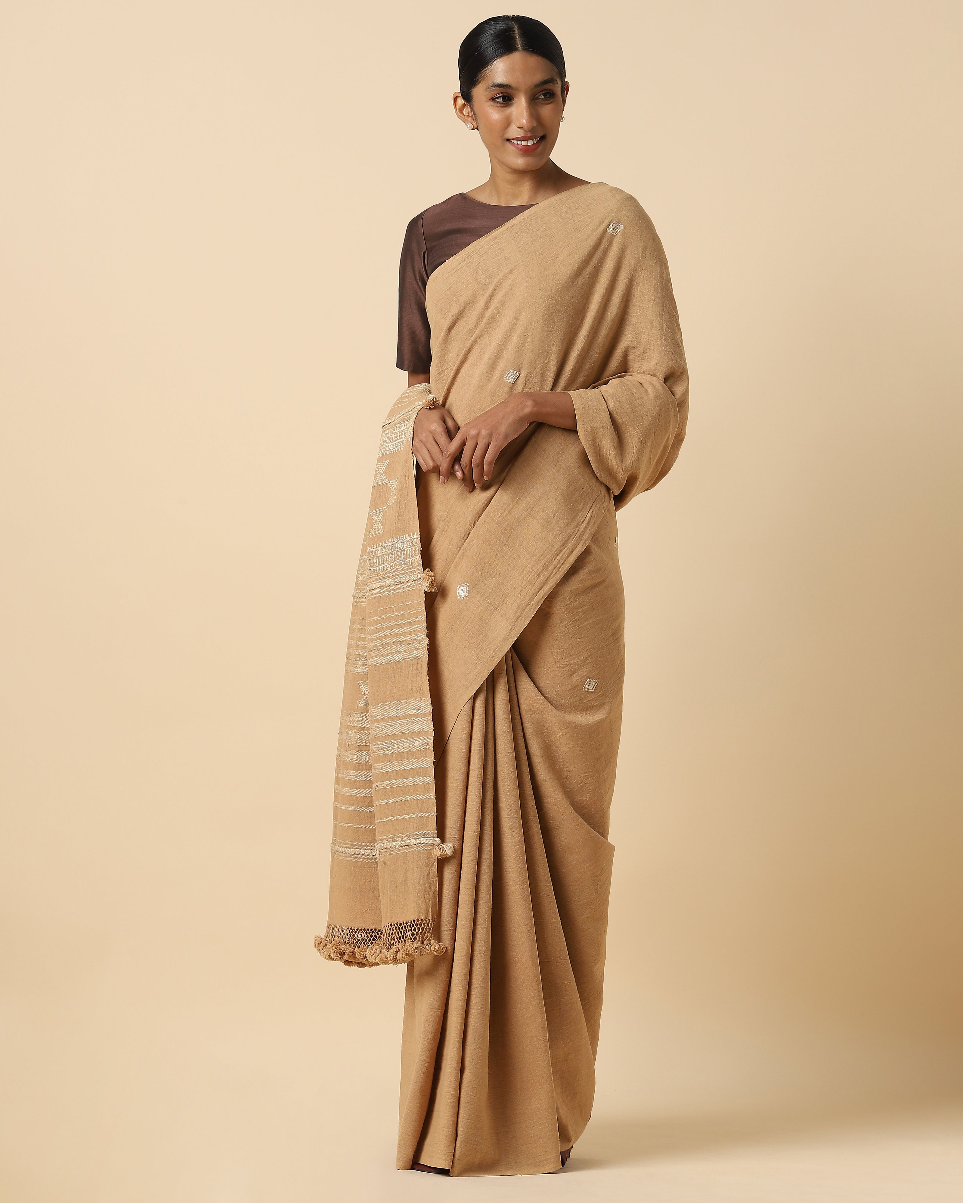 Tishya Bhujodi Extra Weft Brown Cotton Saree