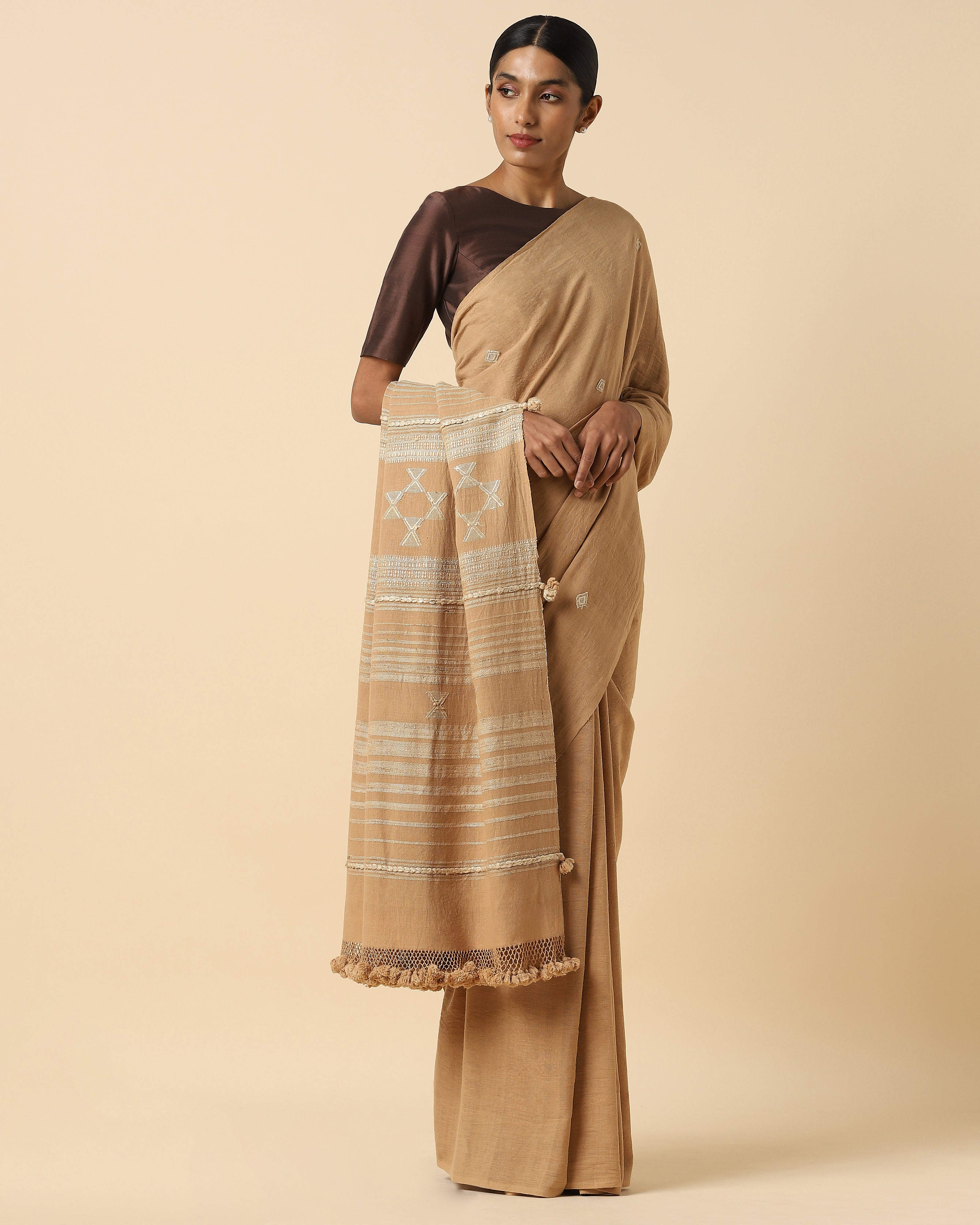 Tishya Bhujodi Extra Weft Brown Cotton Saree