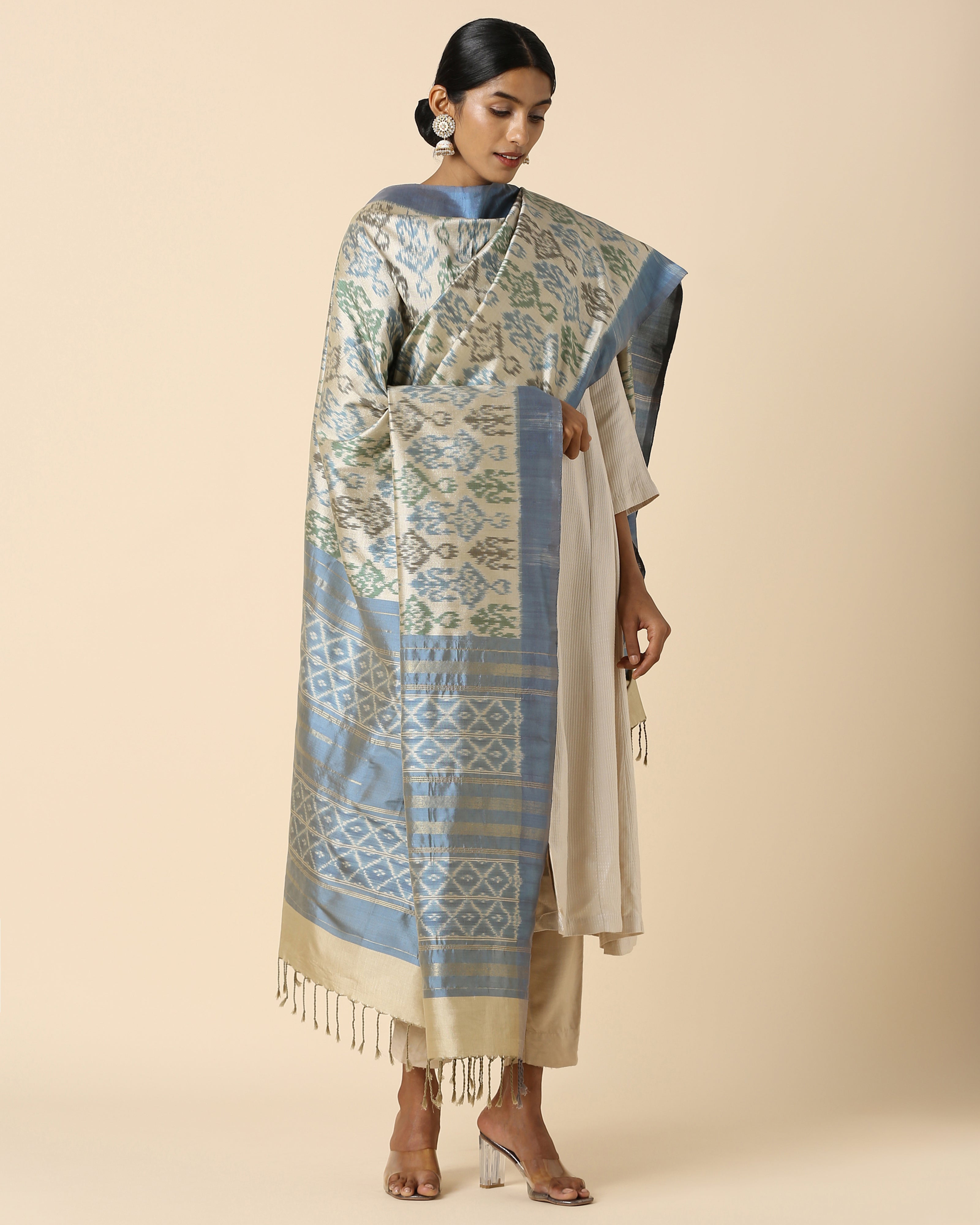 Madhula Pochampally Weft Ikat Cotton Silk Dupatta