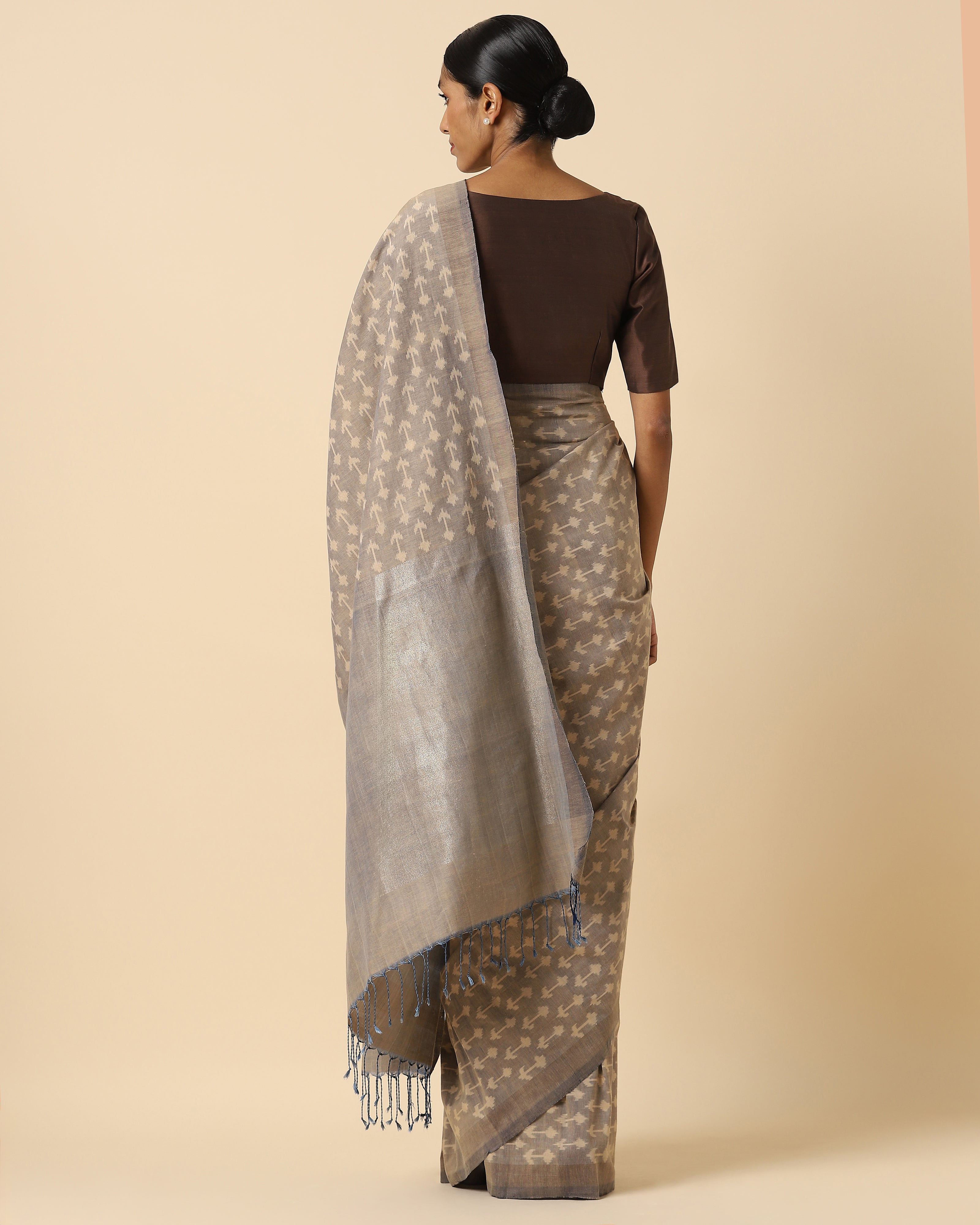 Maesha Pochampally Warp Ikat Brown Cotton Saree
