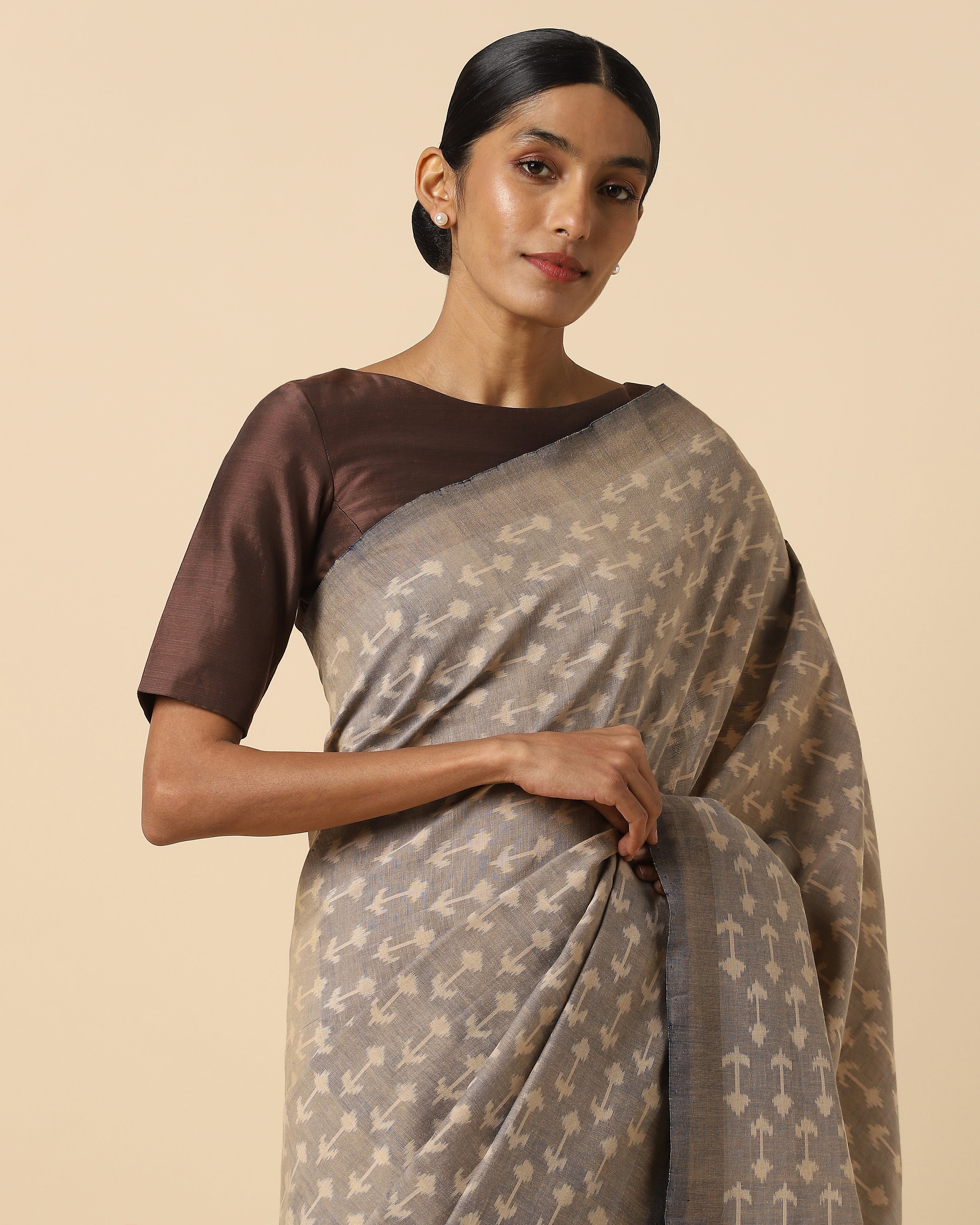 Maesha Pochampally Warp Ikat Brown Cotton Saree