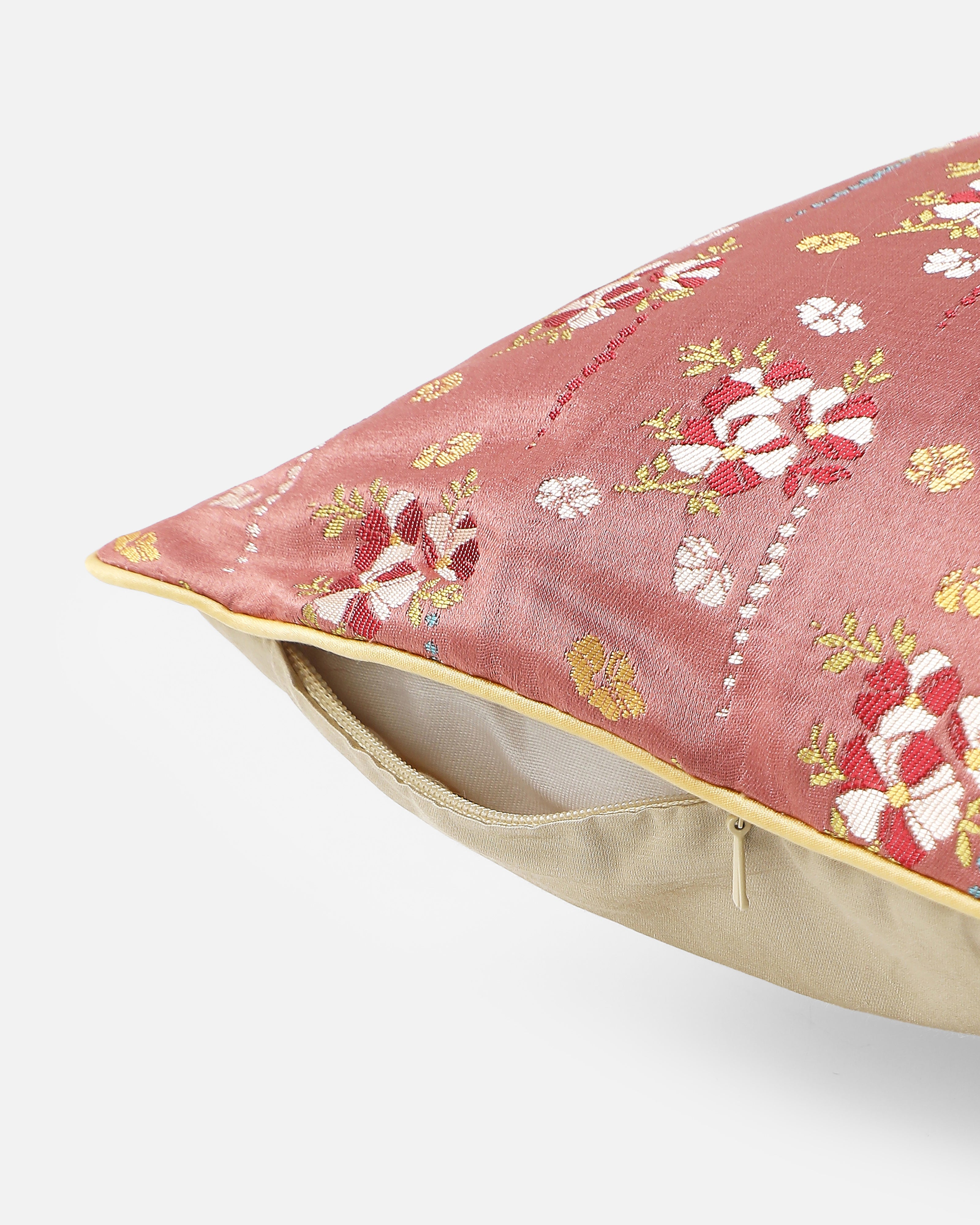 Hibiscus Bunch Banarasi Satin Brocade Silk Viscose Cushion Cover
