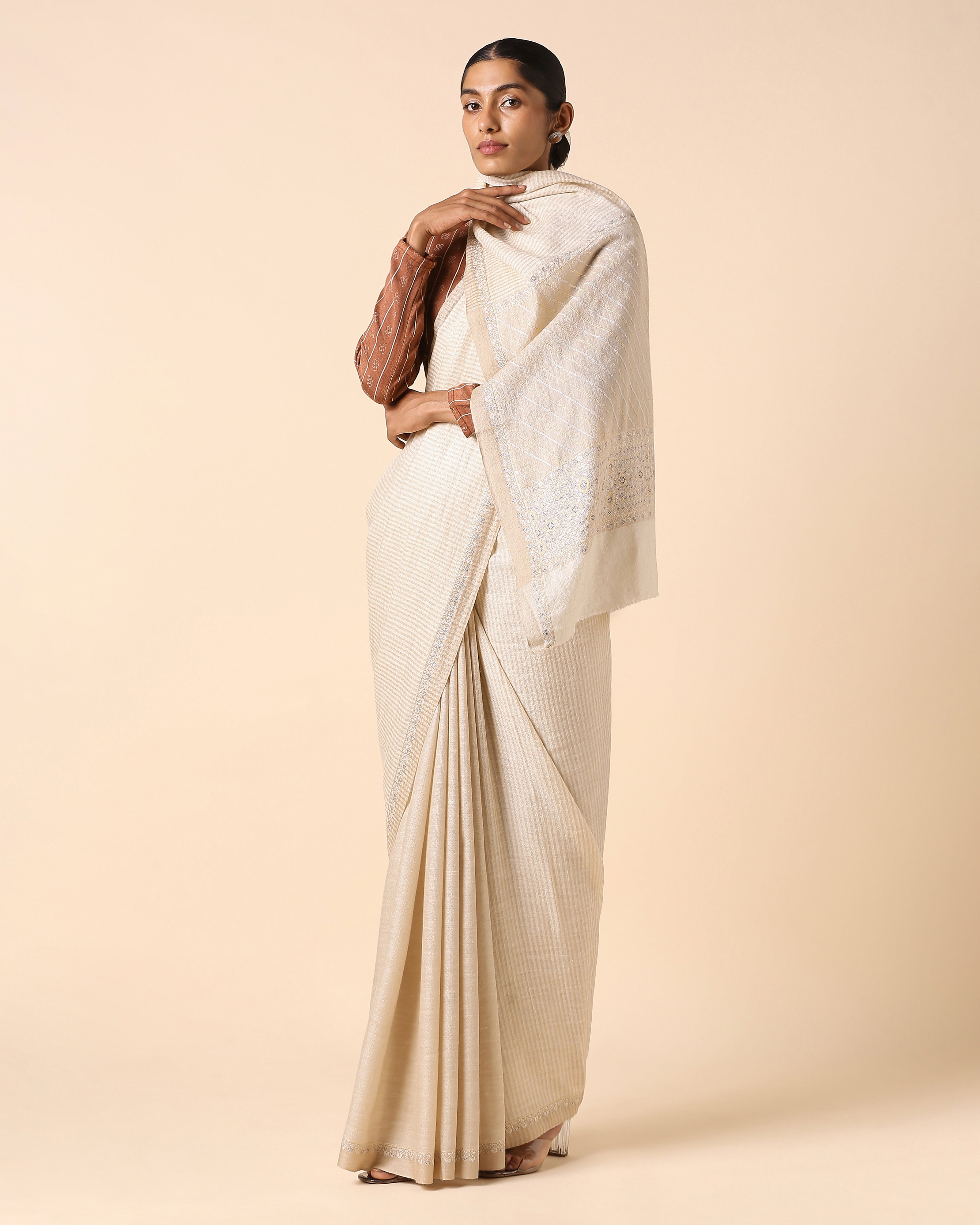 Aishini Kashmir Sozni Embroidery Pashmina Saree