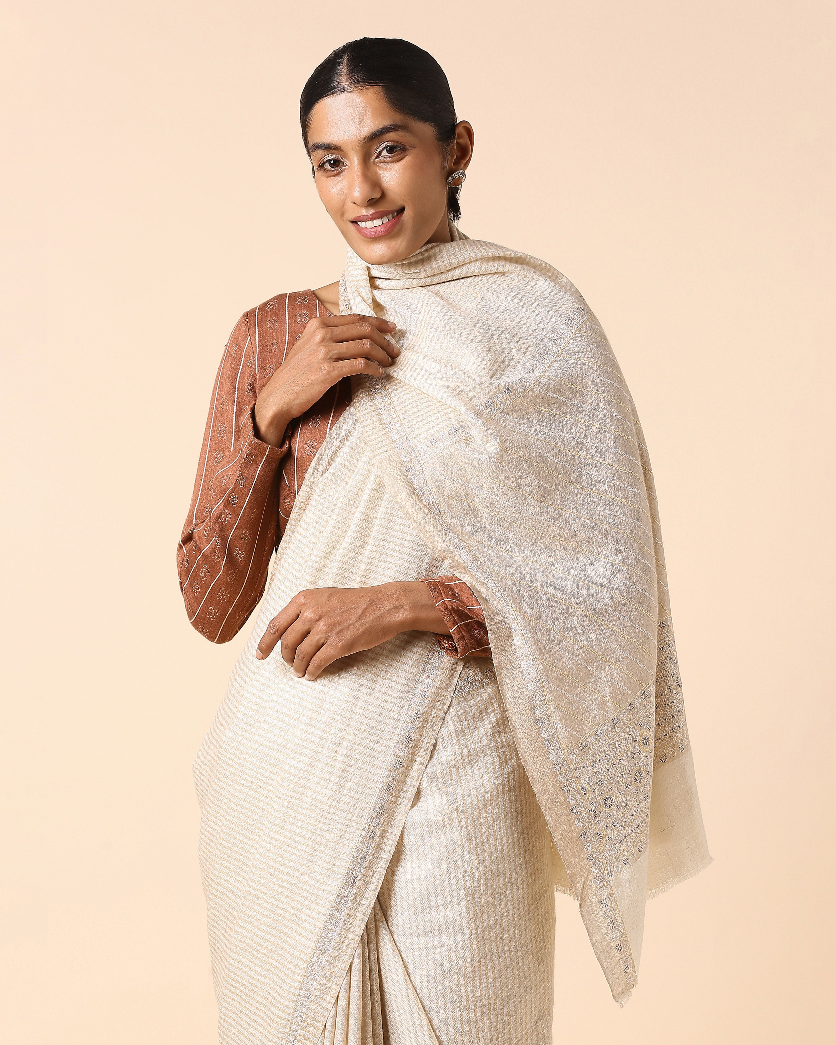 Aishini Kashmir Sozni Embroidery Pashmina Saree