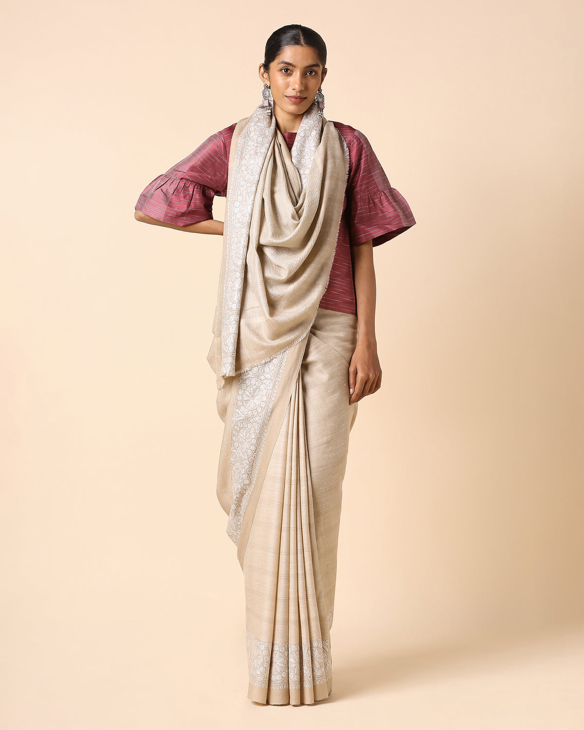 Order Maitreyi Kashmir Sozni Embroidery Medium Beige Pashmina Saree ...