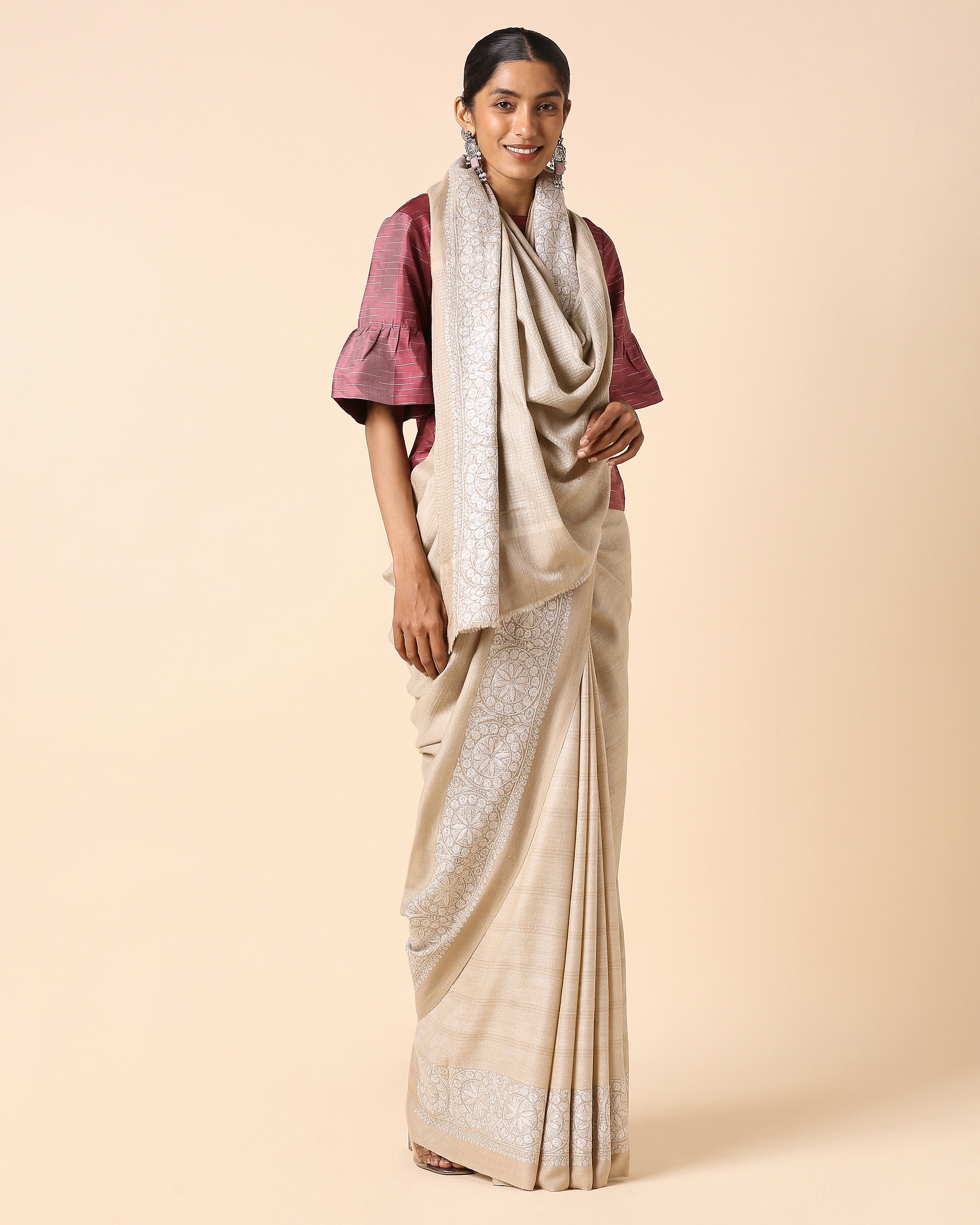 Maitreyi Kashmir Sozni Embroidery Pashmina Saree