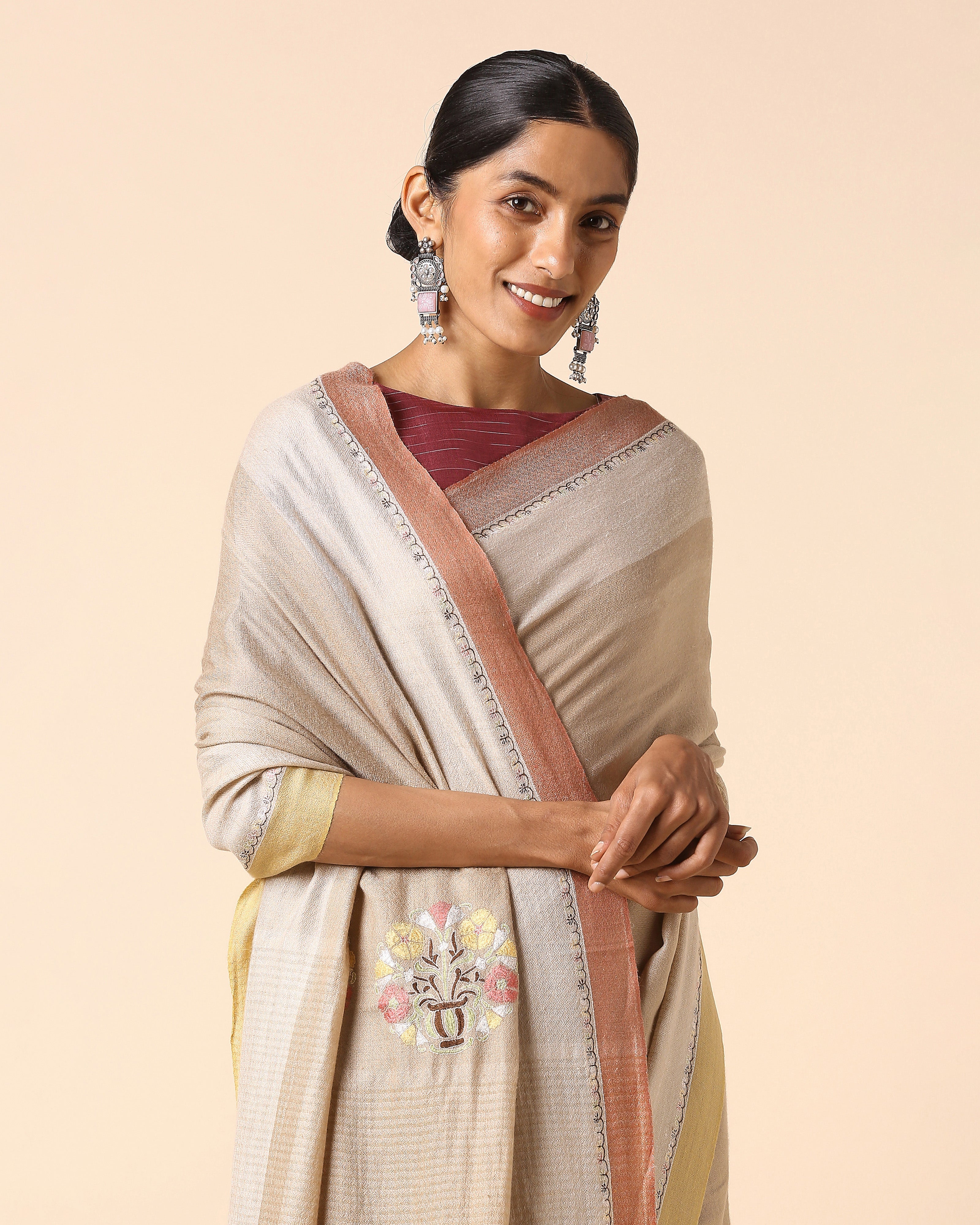 Ishya Kashmir Sozni Embroidery Pashmina Saree