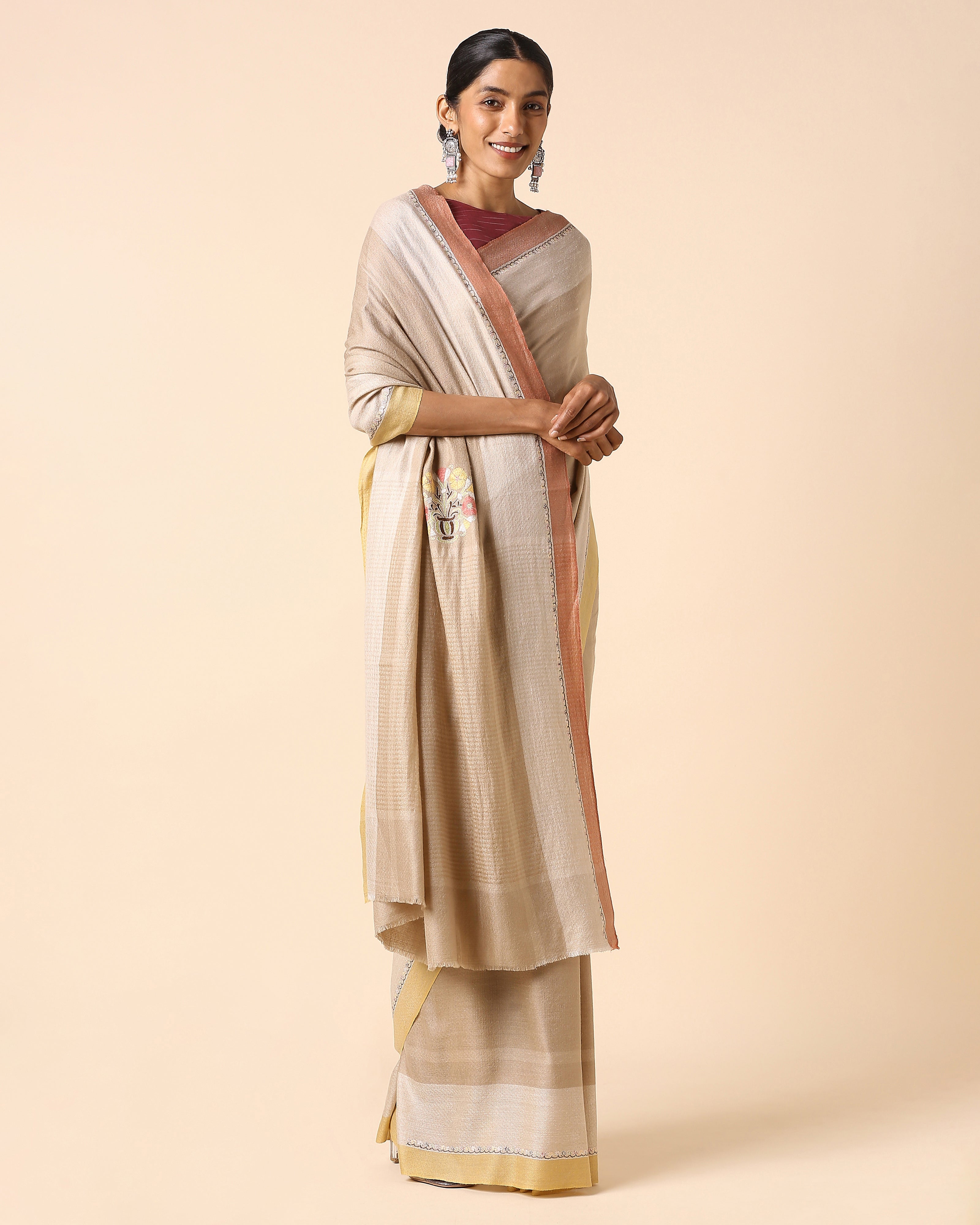 Ishya Kashmir Sozni Embroidery Pashmina Saree