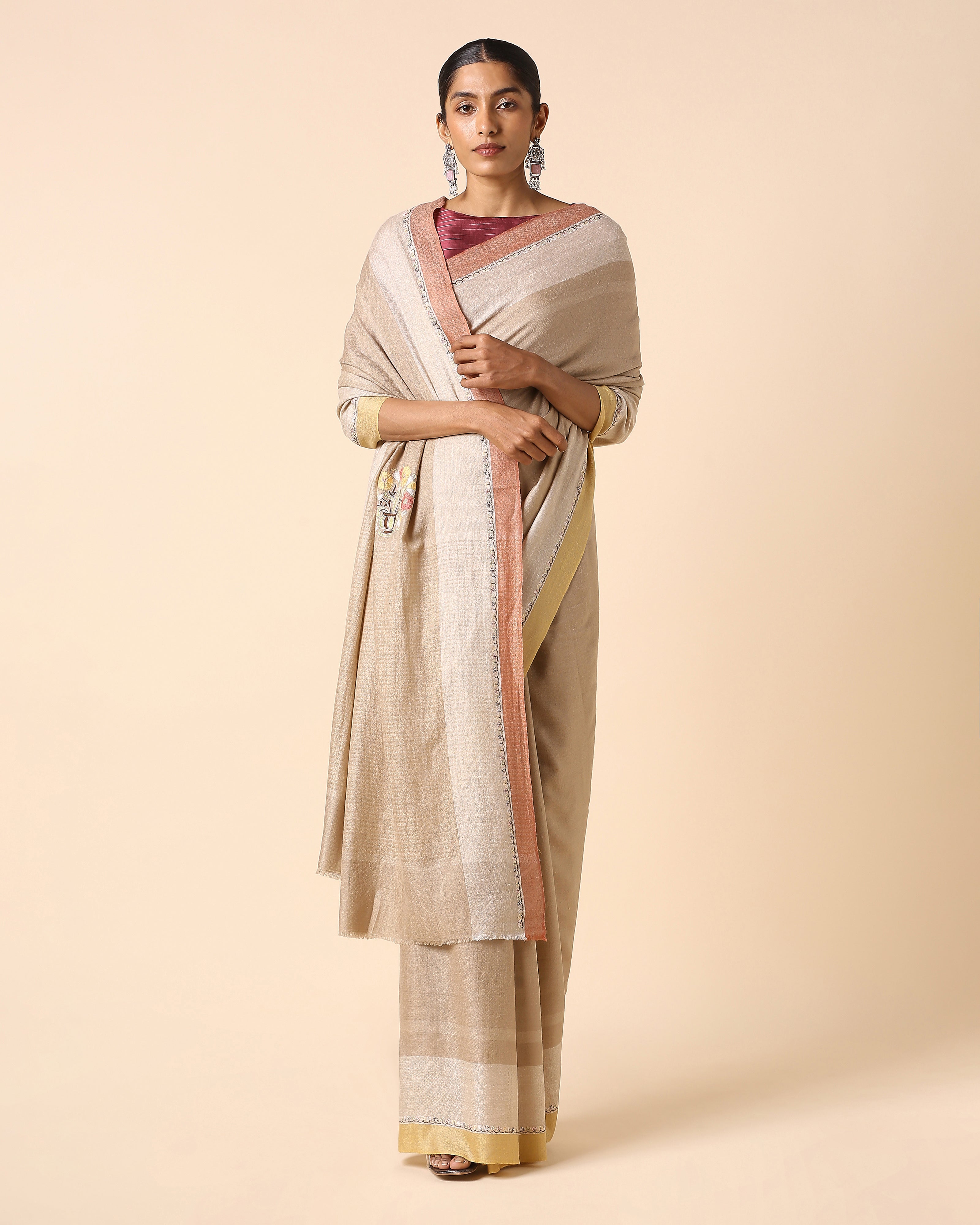 Ishya Kashmir Sozni Embroidery Pashmina Saree