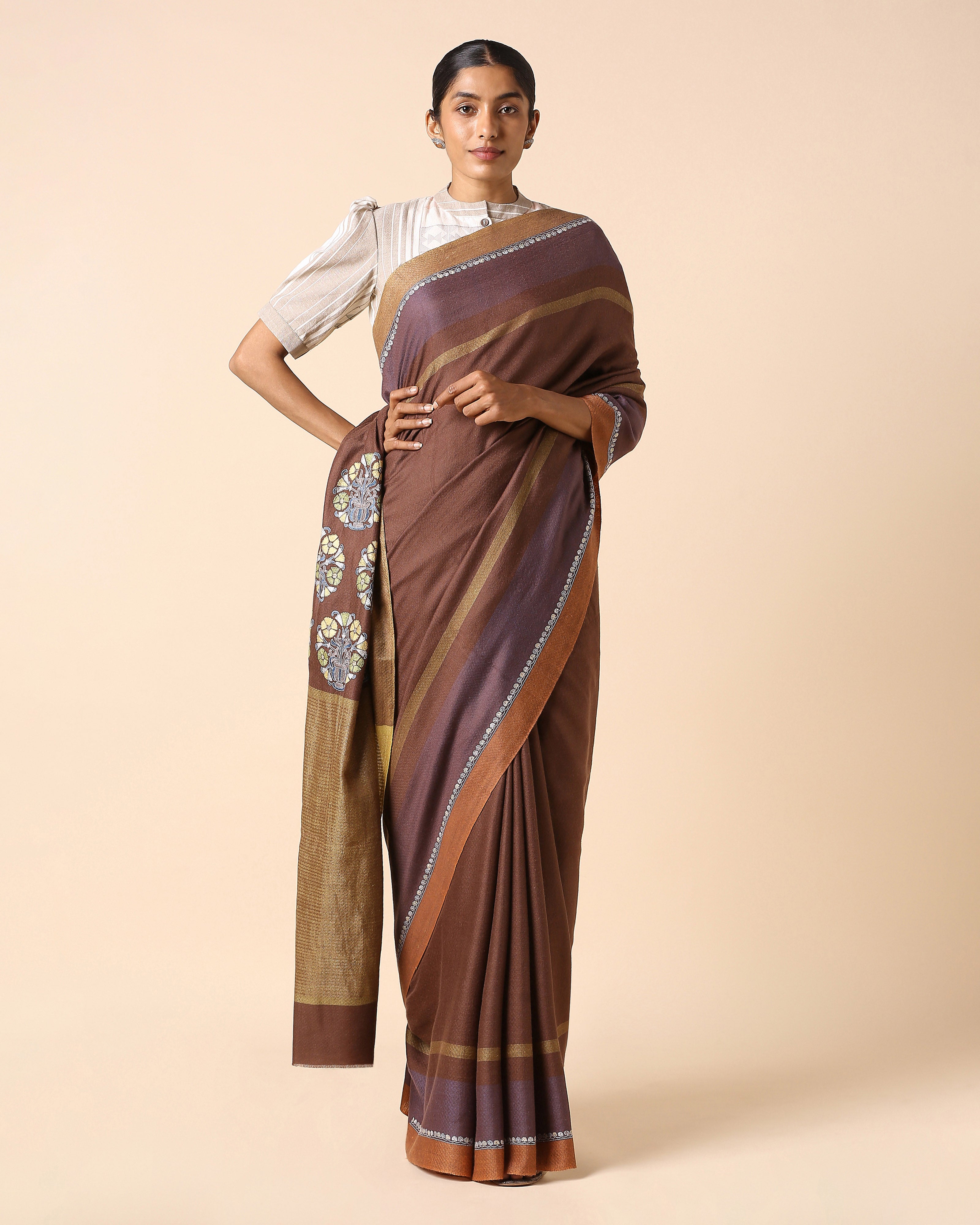 Ishya Kashmir Sozni Embroidery Pashmina Saree