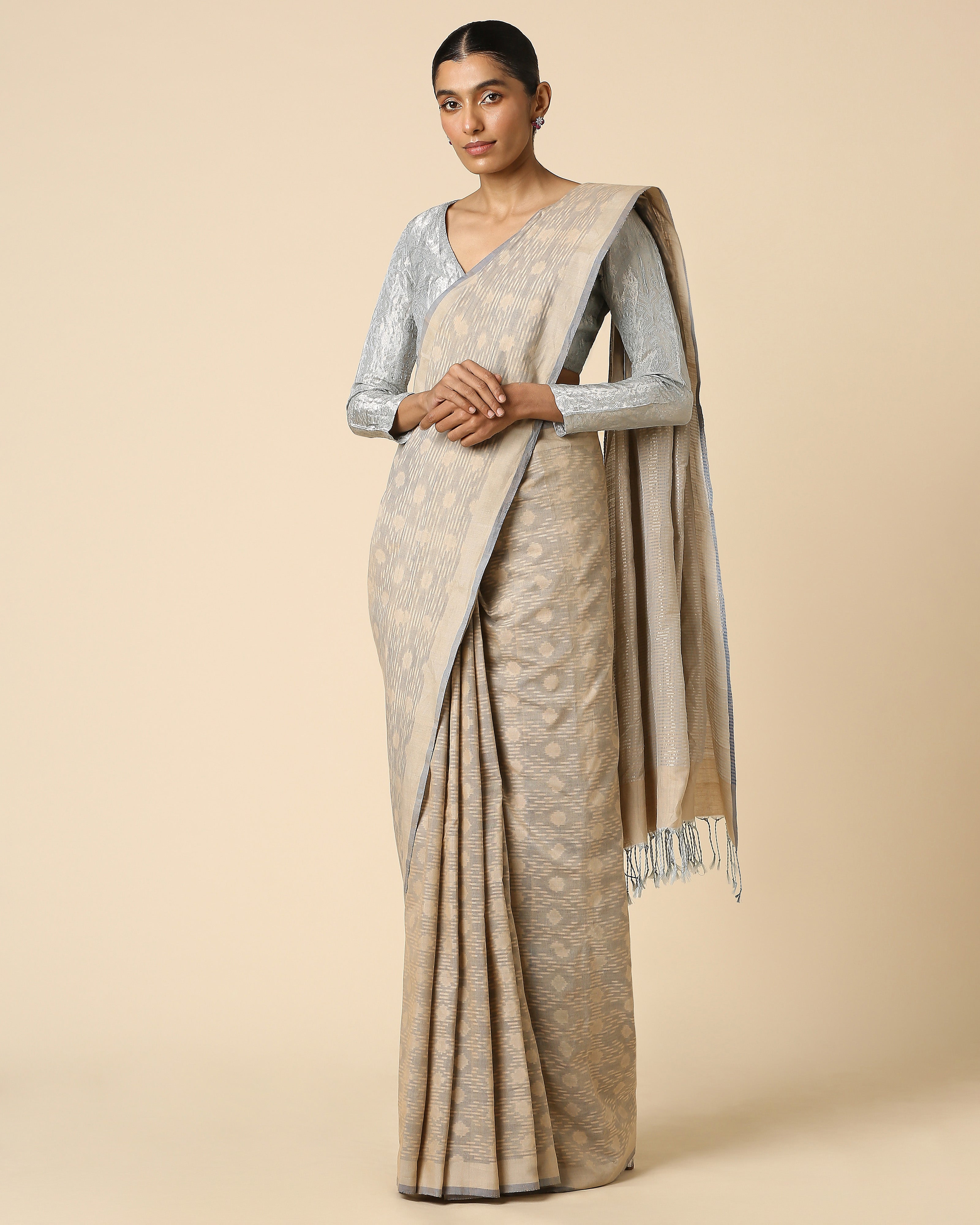 Uktha Pochampally Warp Ikat Brown Cotton Saree