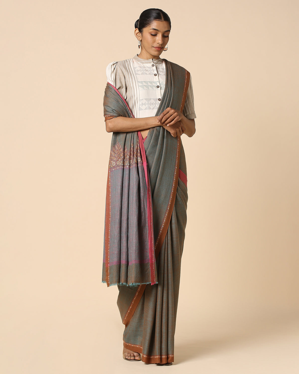 Mahreen Kashmir Sozni Embroidery Pashmina Saree