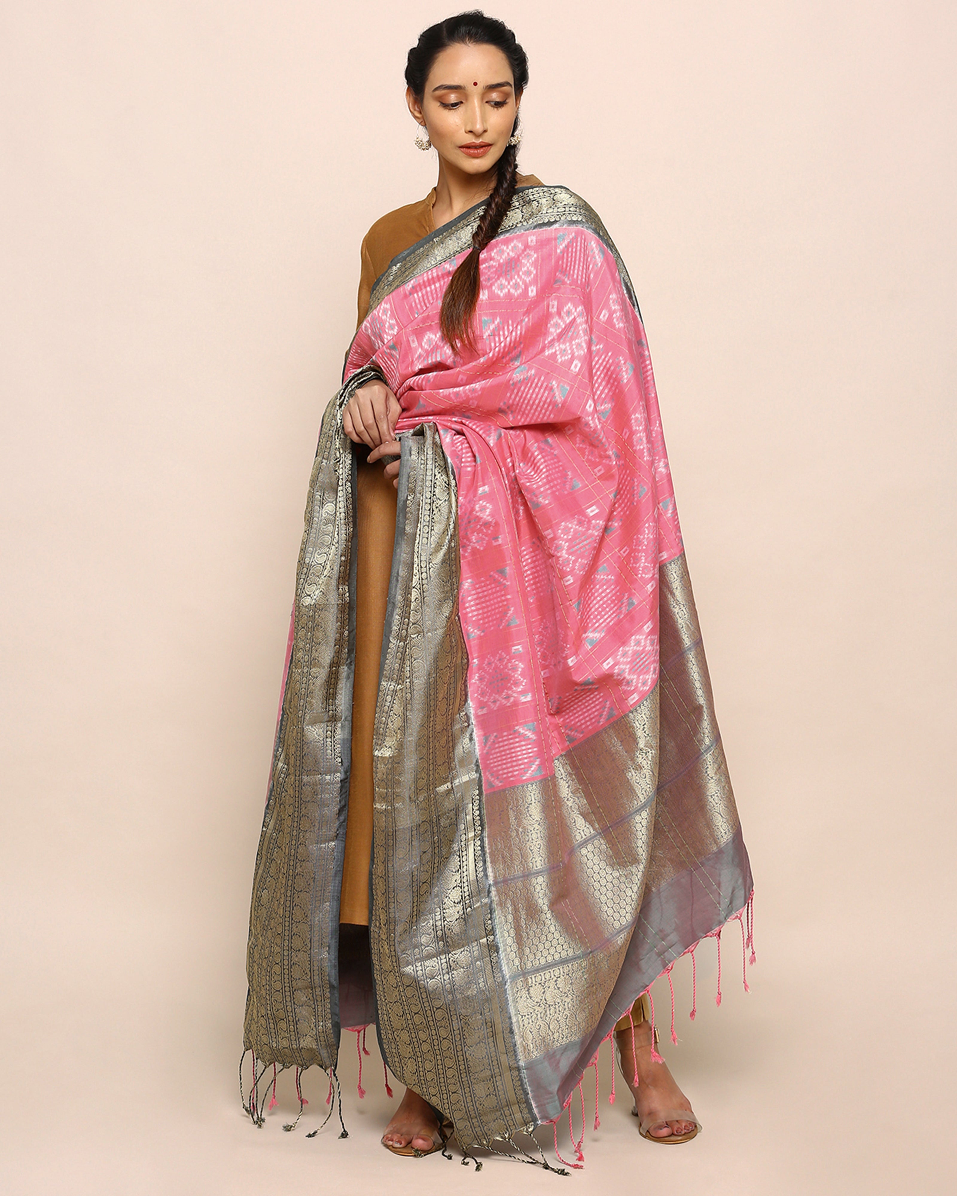 Mandal Pochampally Weft Ikat and Jacquard Cotton Silk Dupatta