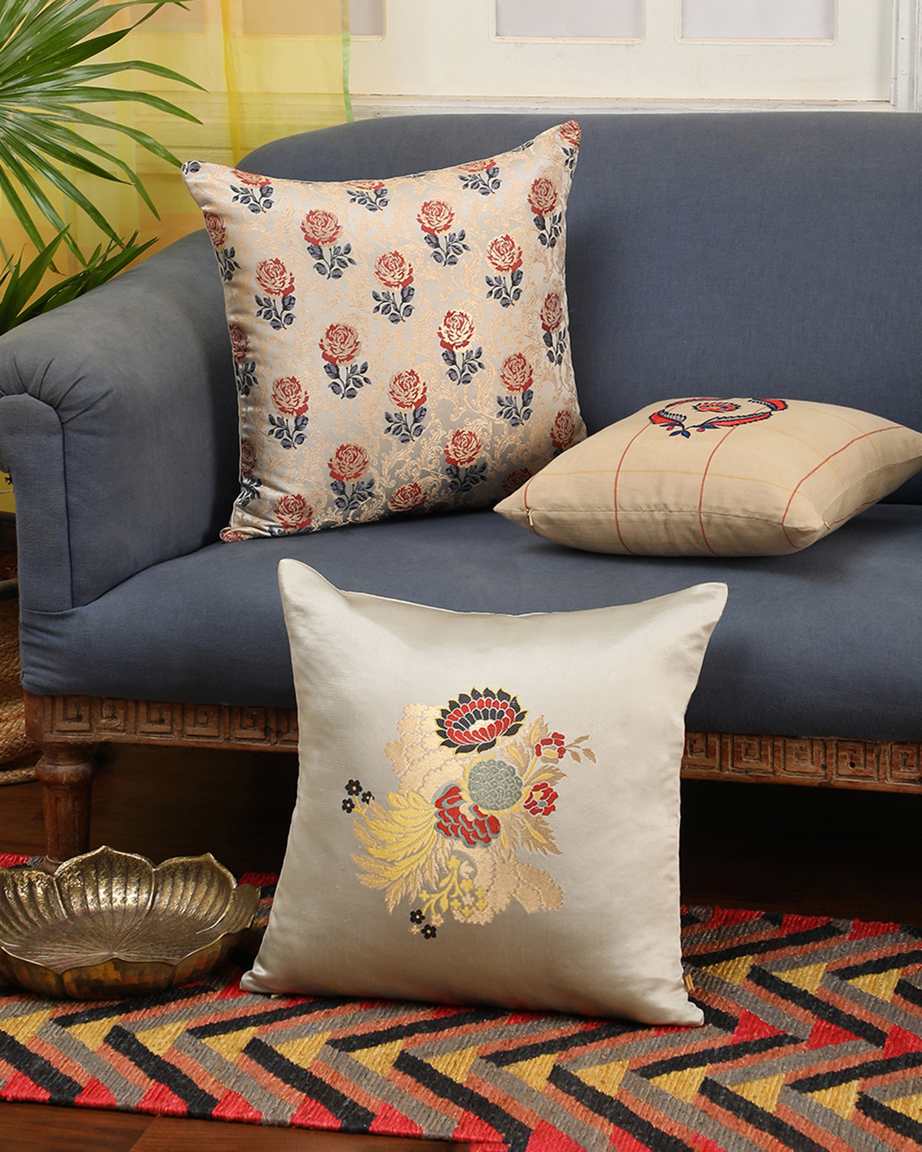 Rose Banarasi Satin Brocade Silk Cushion Cover