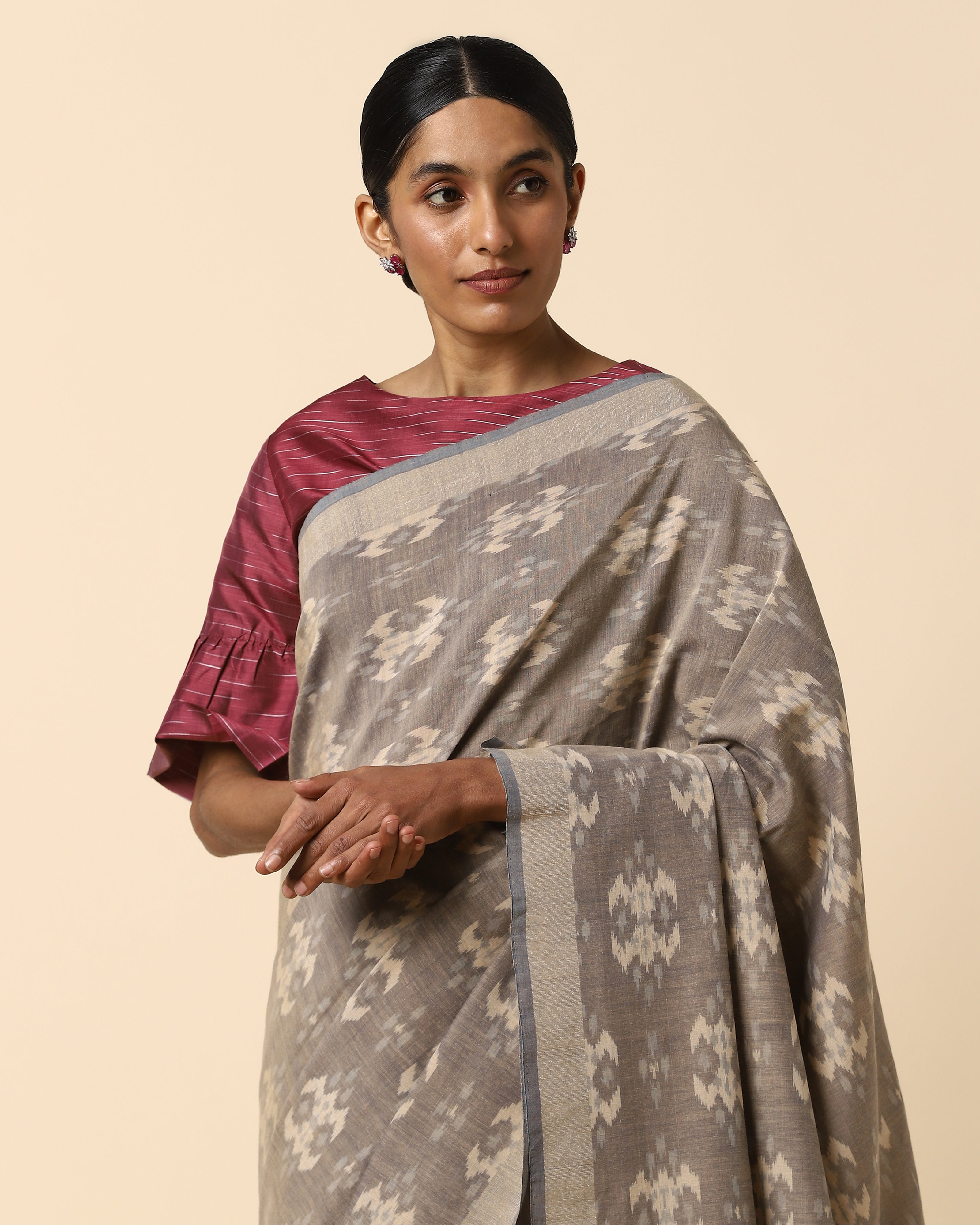 Cellan Pochampally Warp Ikat Brown Cotton Saree
