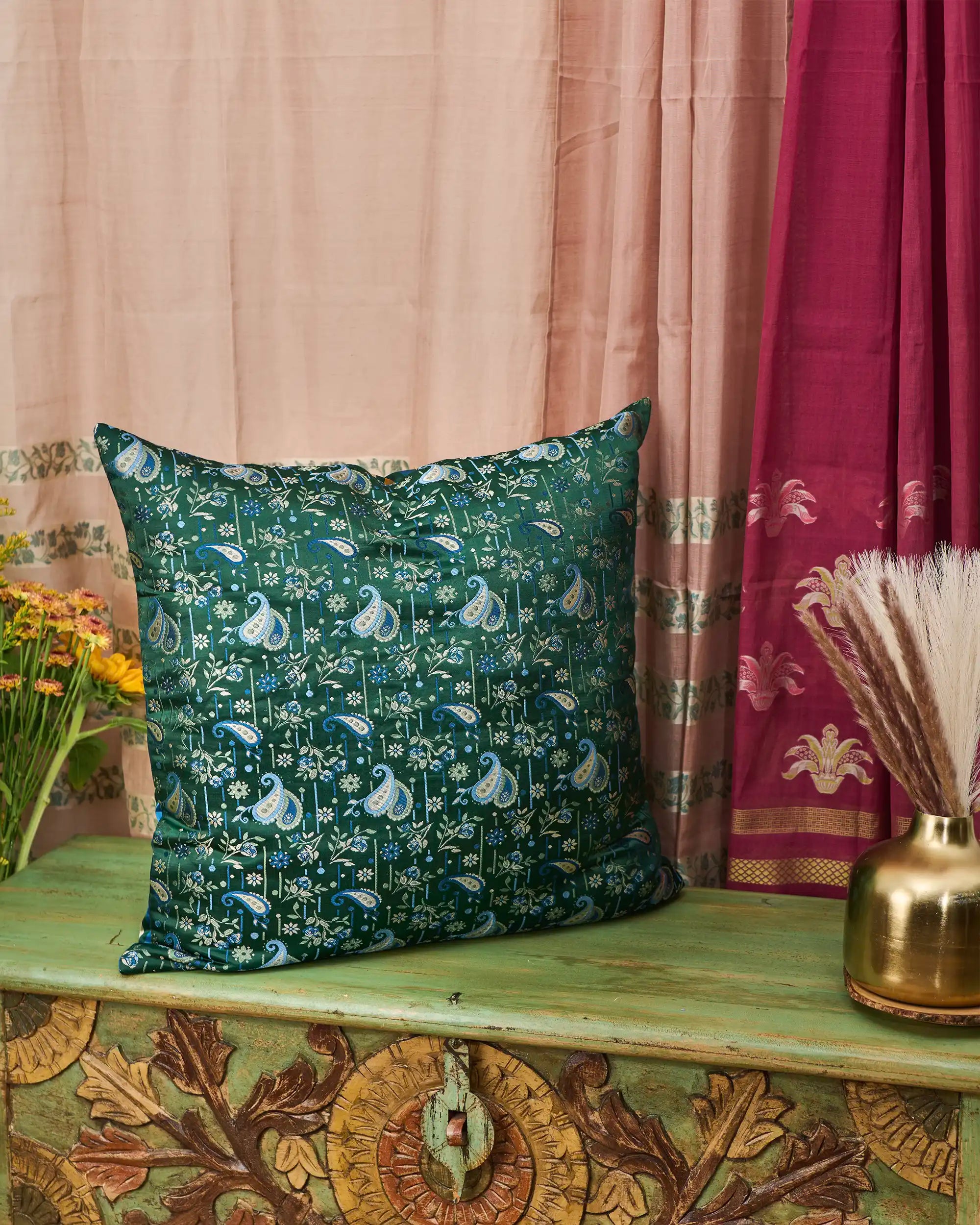 Kostya Banarasi Satin Brocade Silk Viscose Cushion Cover