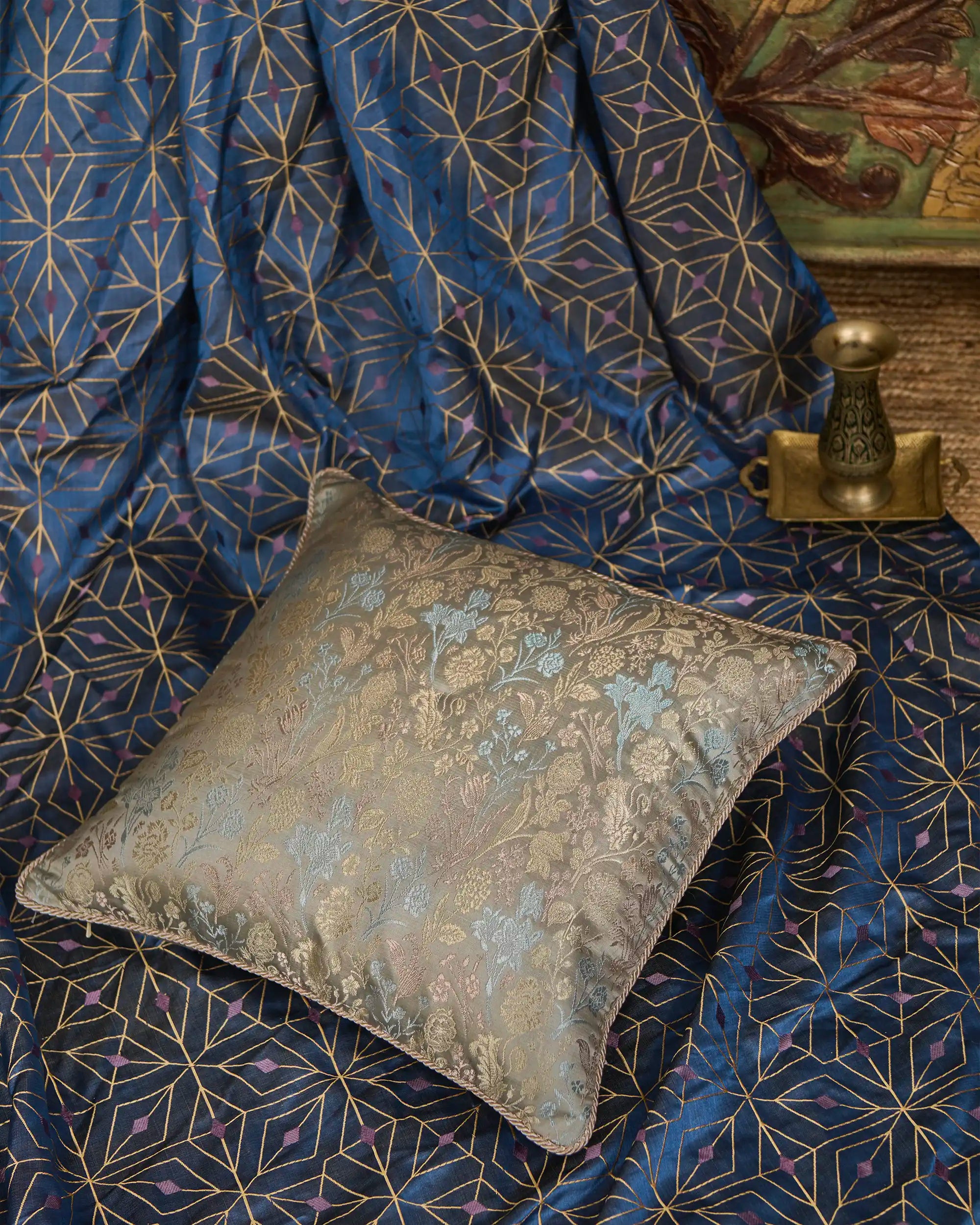 Kaara Banarasi Satin Brocade Silk Viscose Cushion Cover