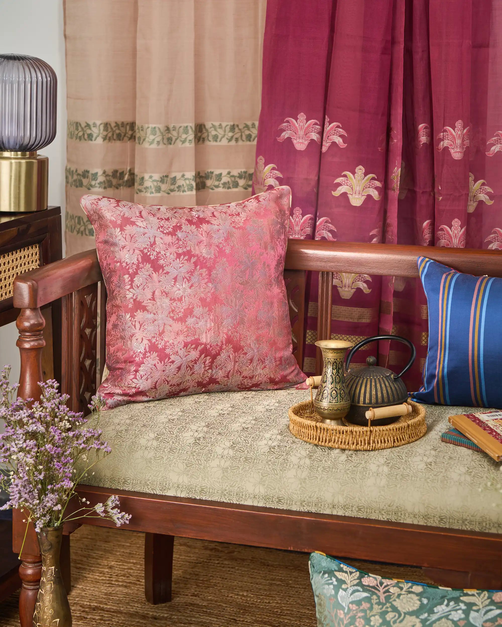 Merai Banarasi Satin Brocade Silk Viscose Cushion Cover