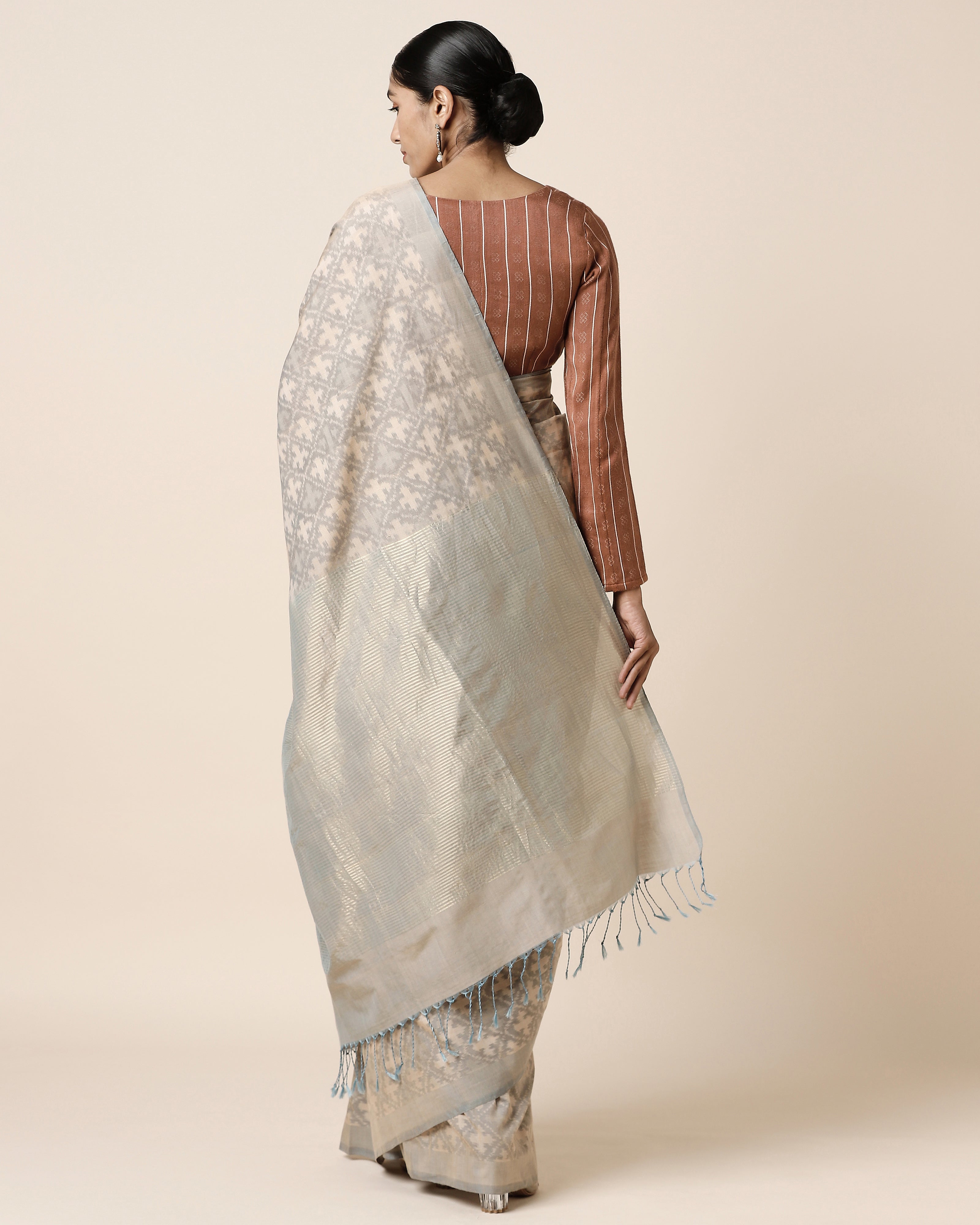 Taran Pochampally Warp Ikat Brown Cotton Saree