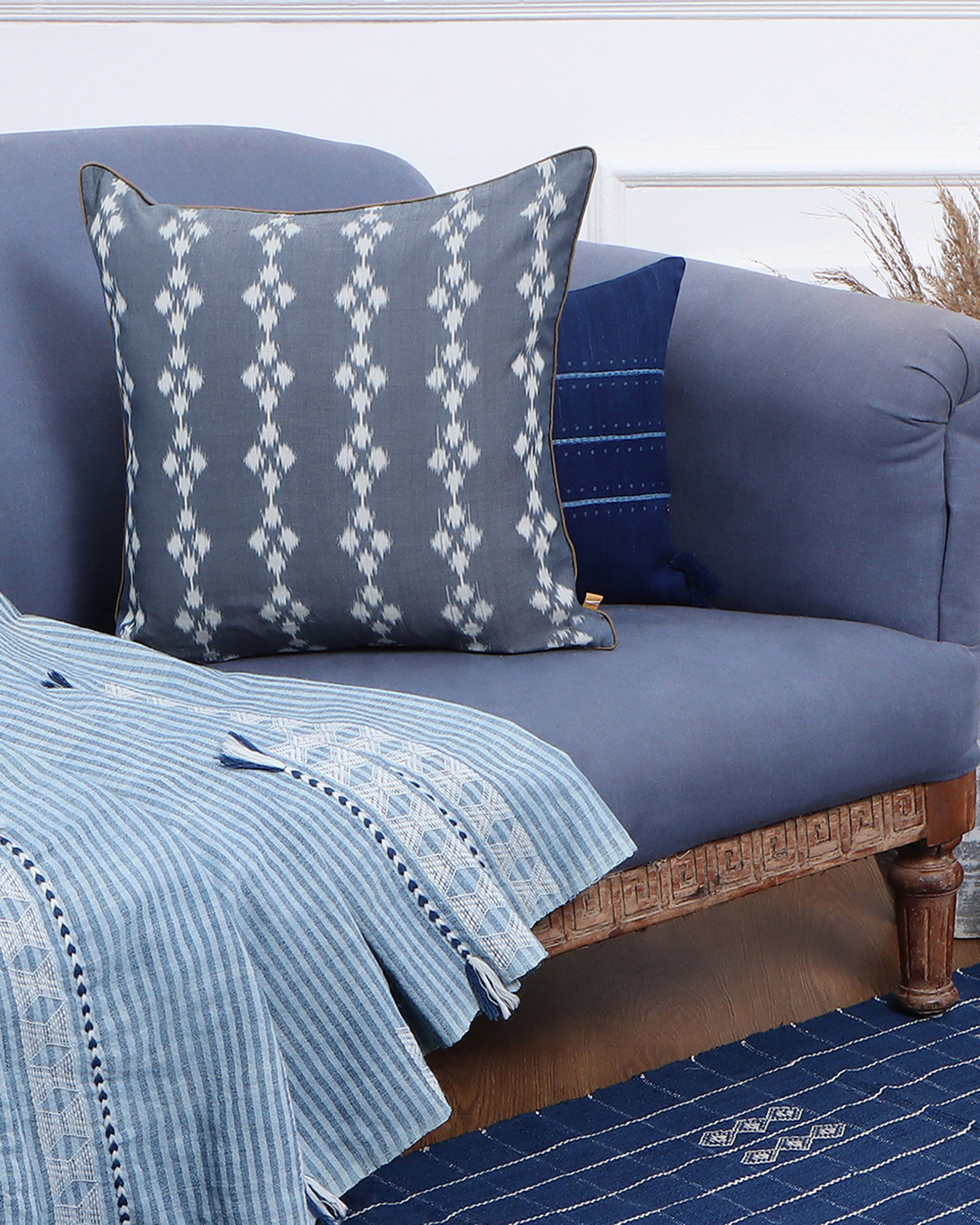 Naina Warp Ikat Cotton Cushion Cover - Light Blue