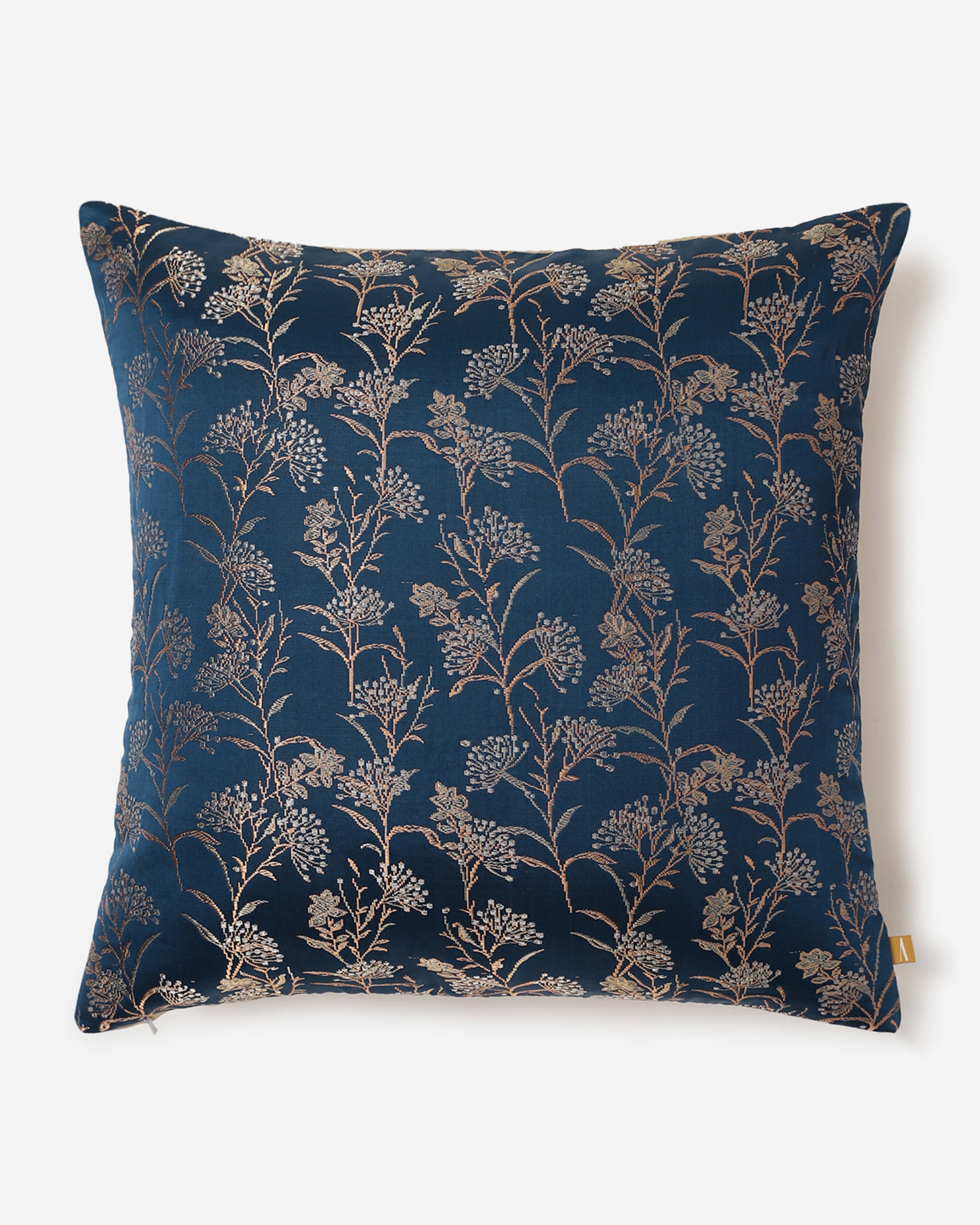Lilian Satin Brocade Silk Cotton Cushion Cover - Medium Blue
