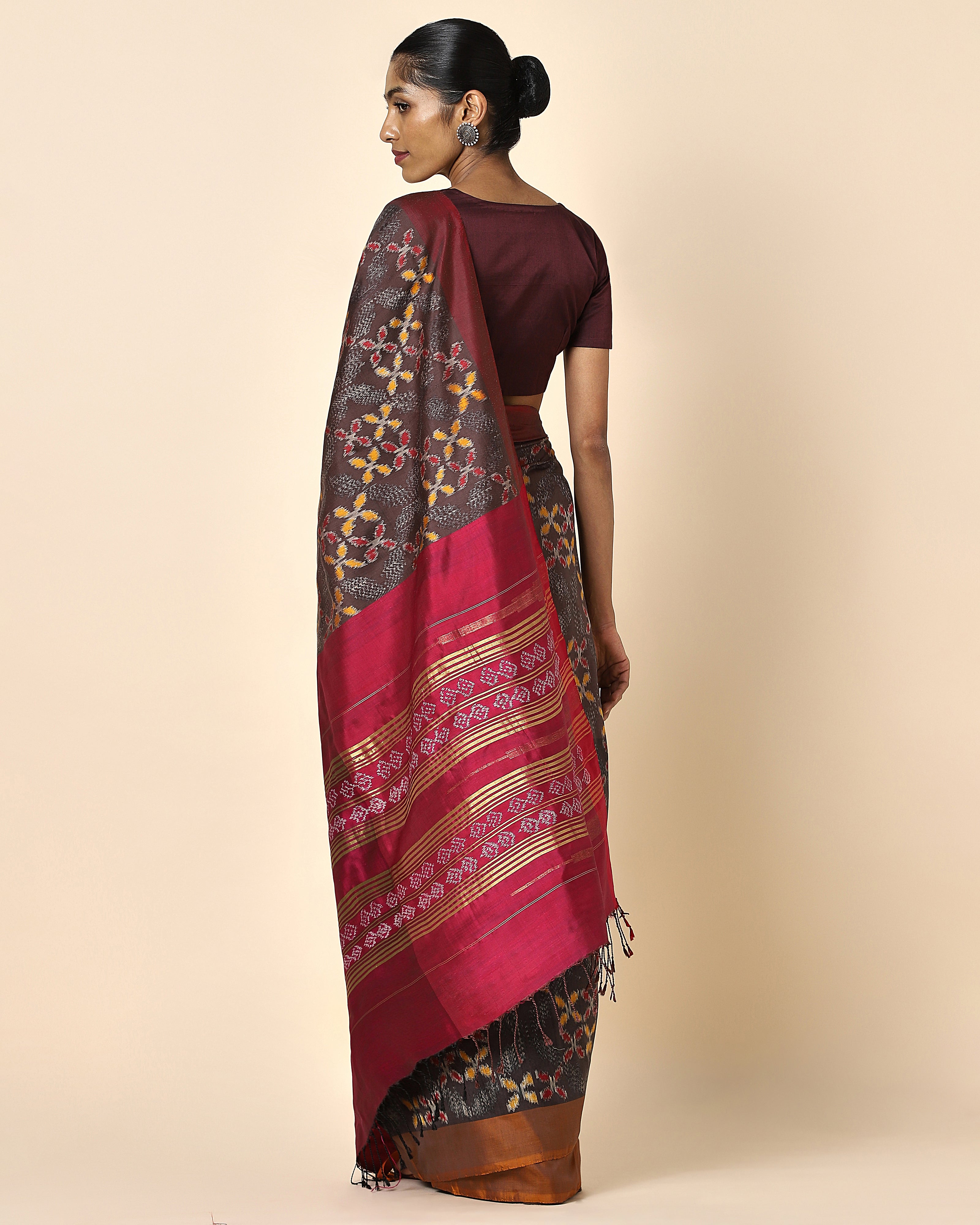 Multicolour Ikat Silk Saree Paired With Red Border