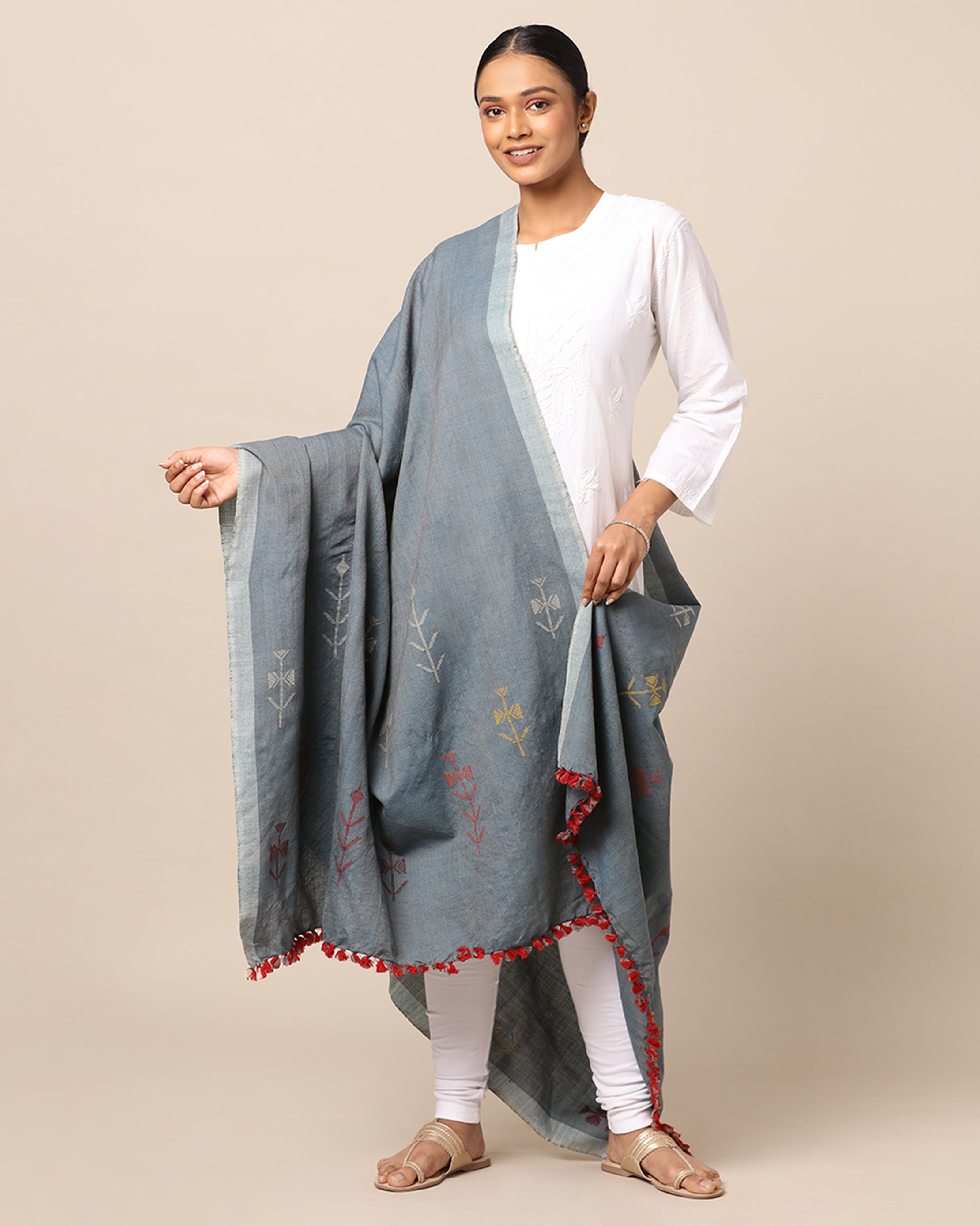 Pala Extra Weft Wool Silk Shawl - Medium Grey