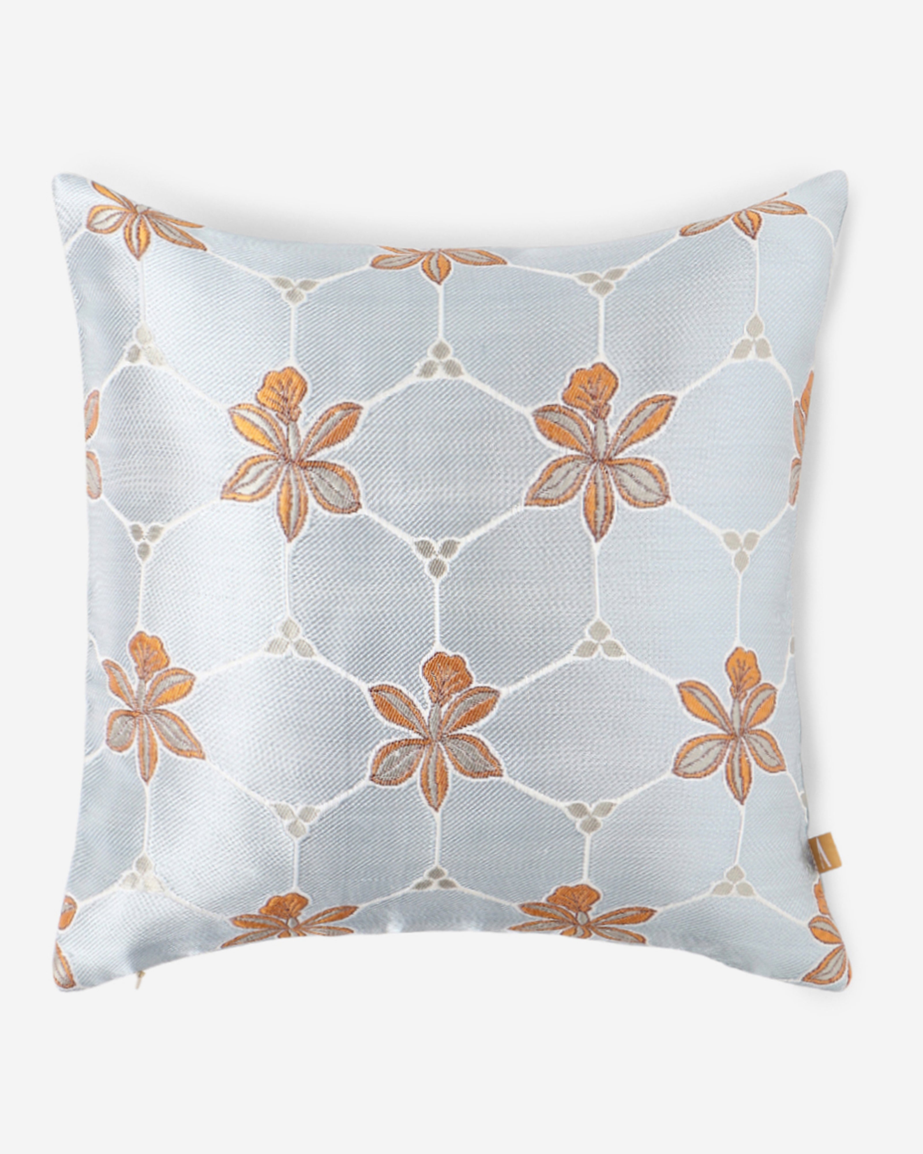 Floral Basket Satin Brocade Silk Cushion Cover - Light Blue