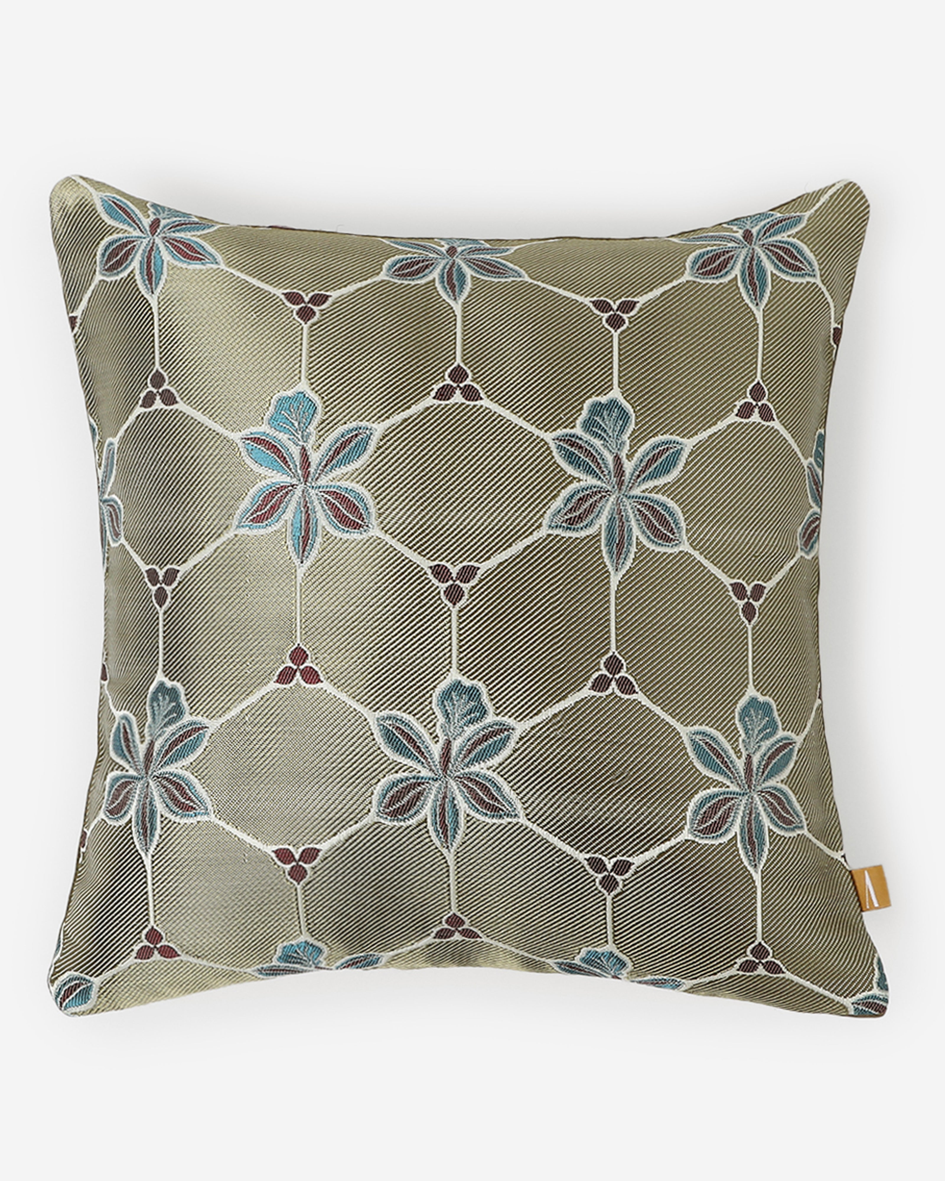 Floral Basket Satin Brocade Silk Cushion Cover - Dark Beige