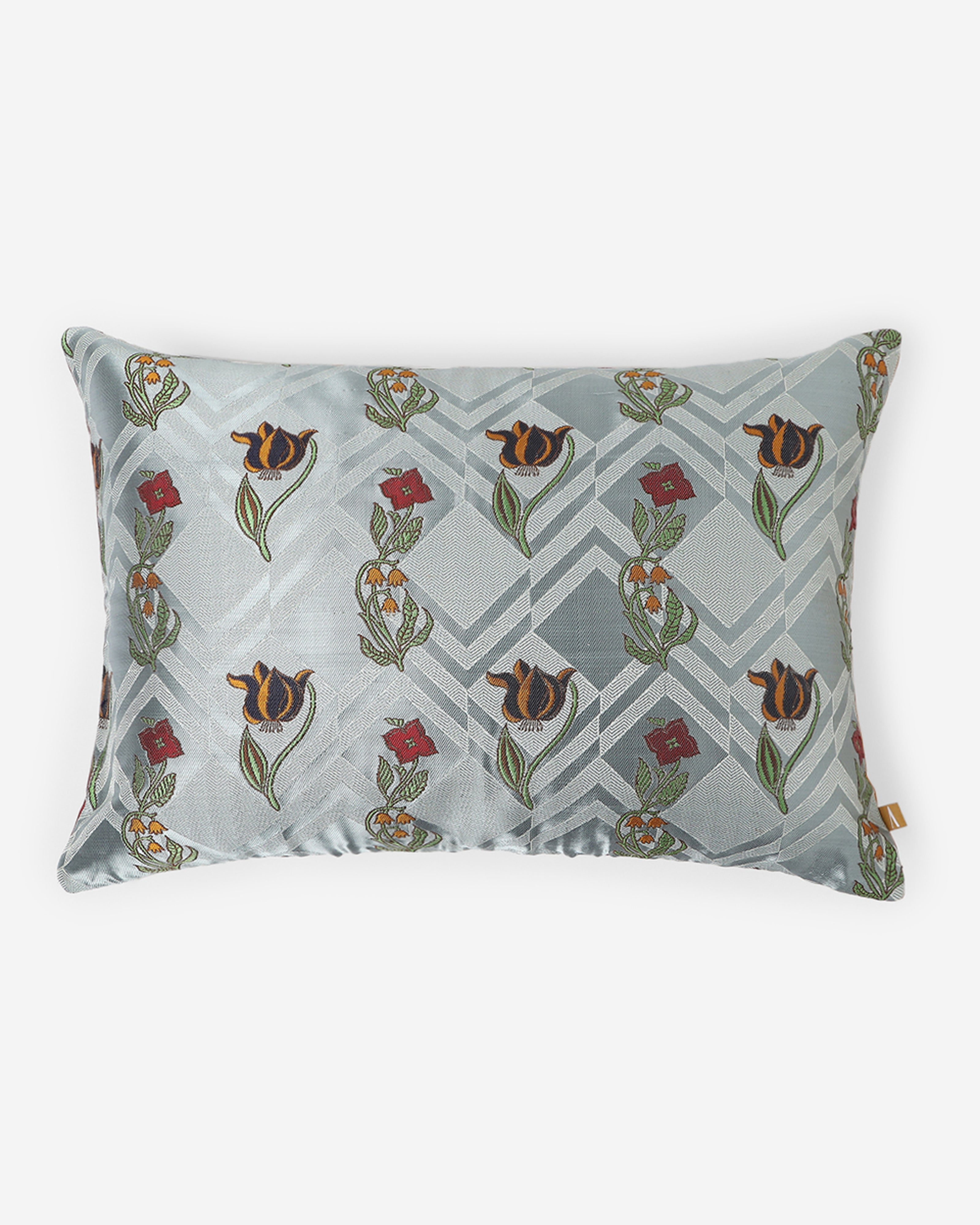 Camellia Satin Brocade Silk Cushion Cover - Medium Grey