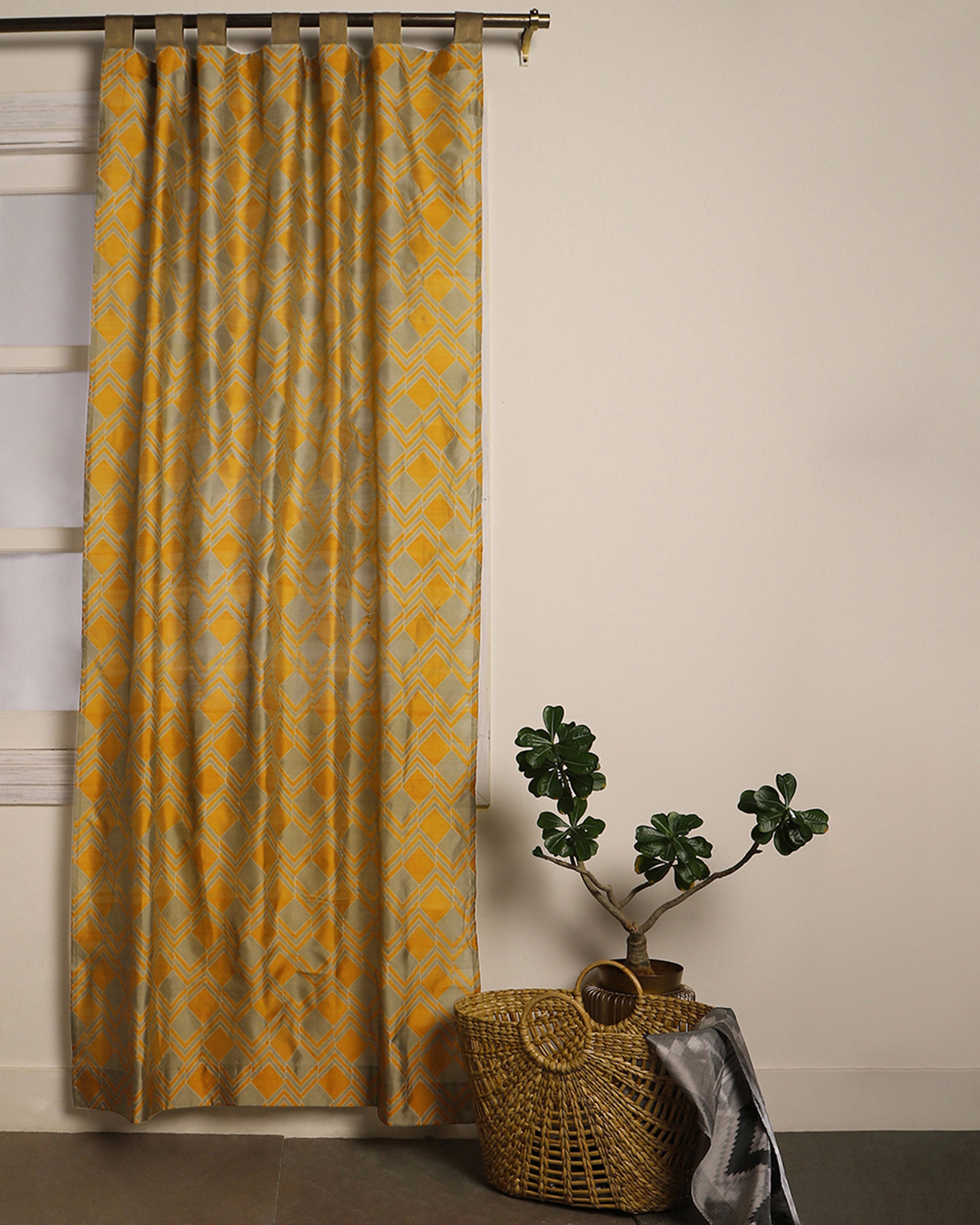 Tiles Cutwork Silk Curtain - Medium Yellow