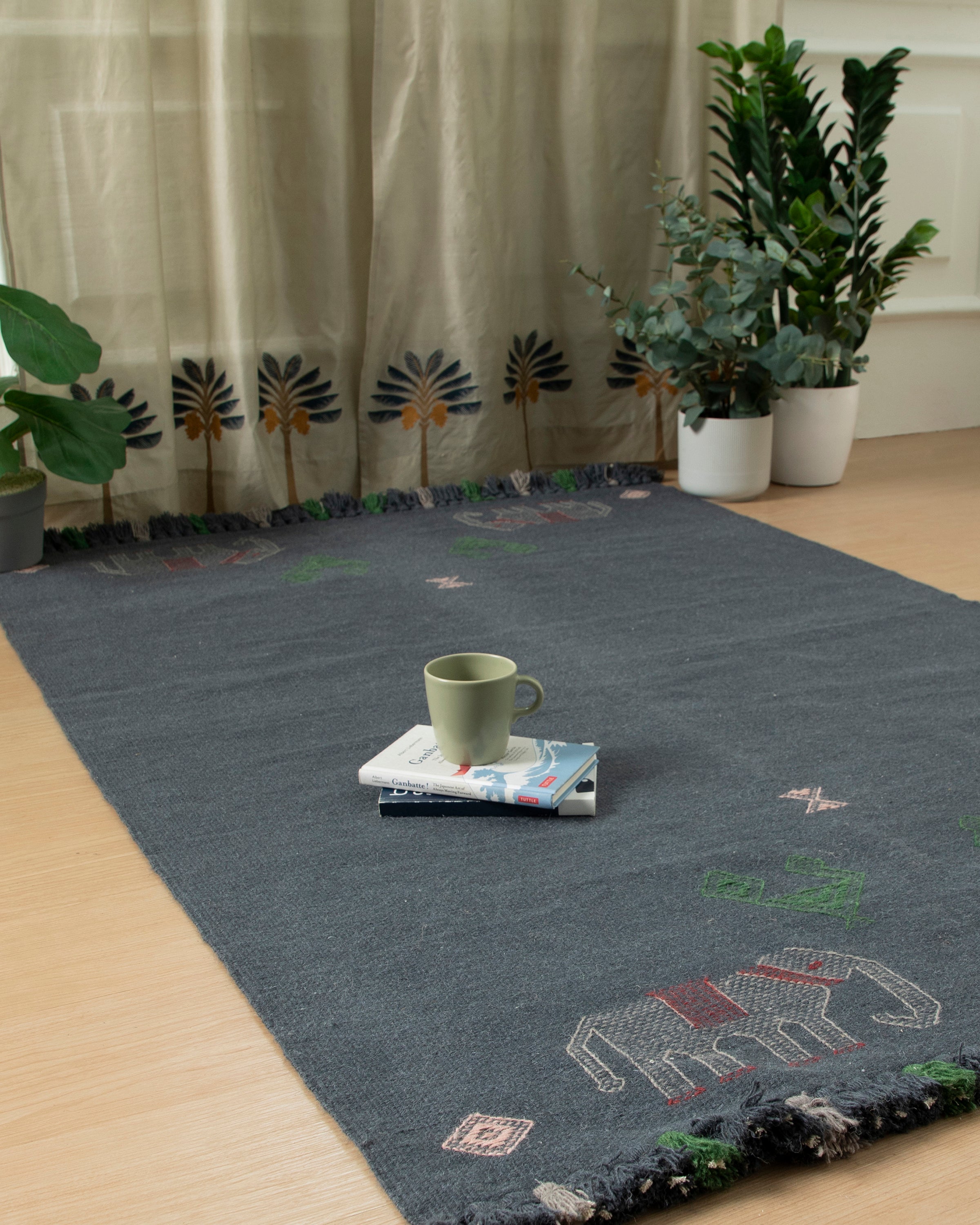 Navneet Extra Weft Cotton Wool Rug - Medium Blue