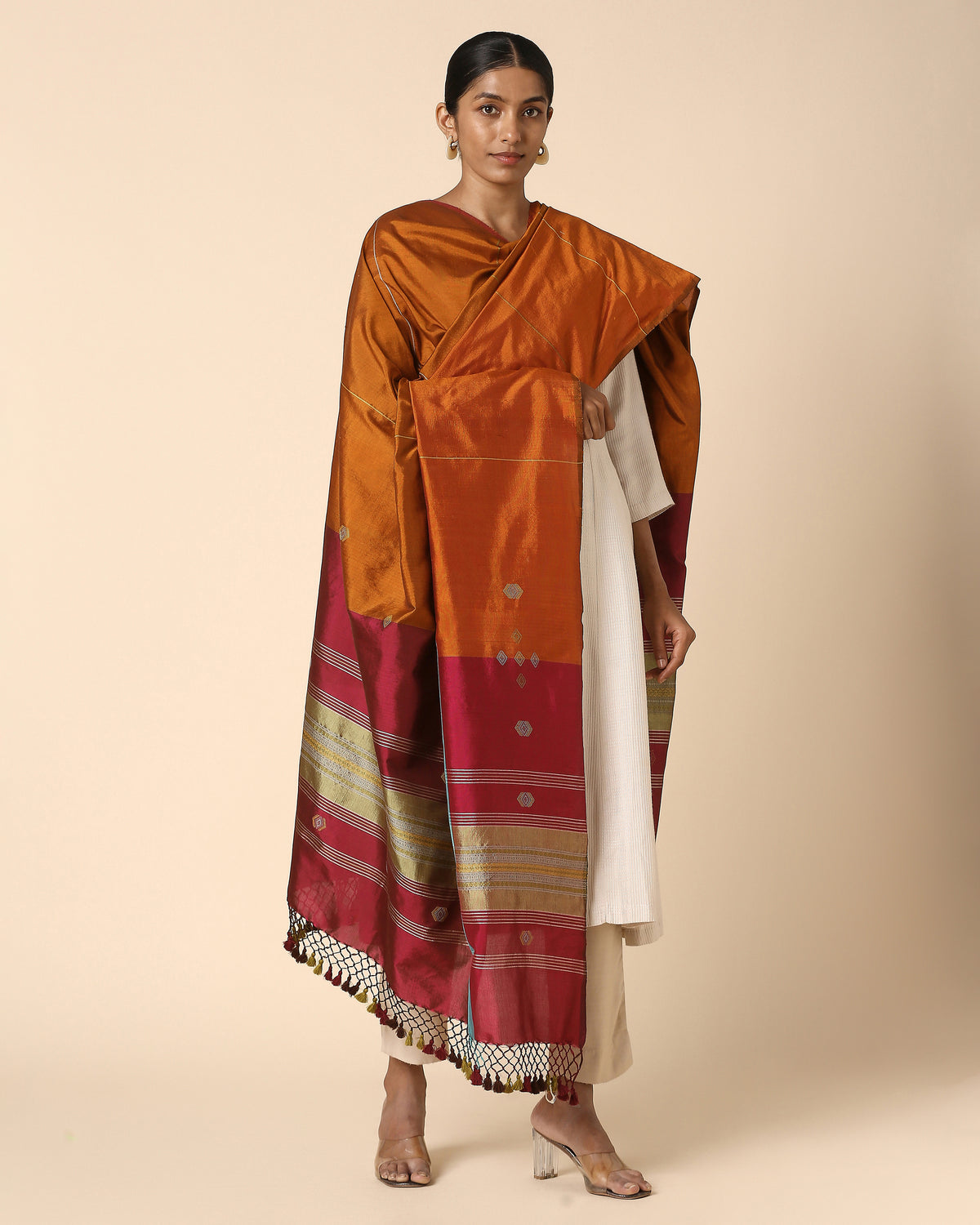 Order Etisha Bhujodi Tangalia Dark Orange Cotton Silk Dupatta | Aadyam