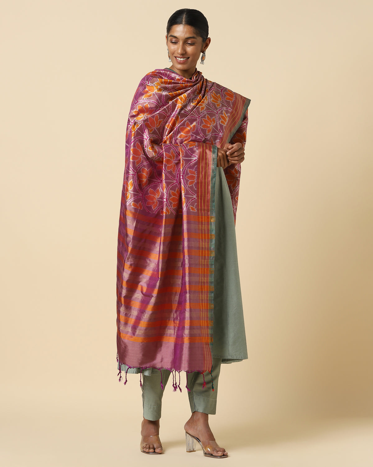 Navya Weft Ikat Silk Dupatta - Medium Orange