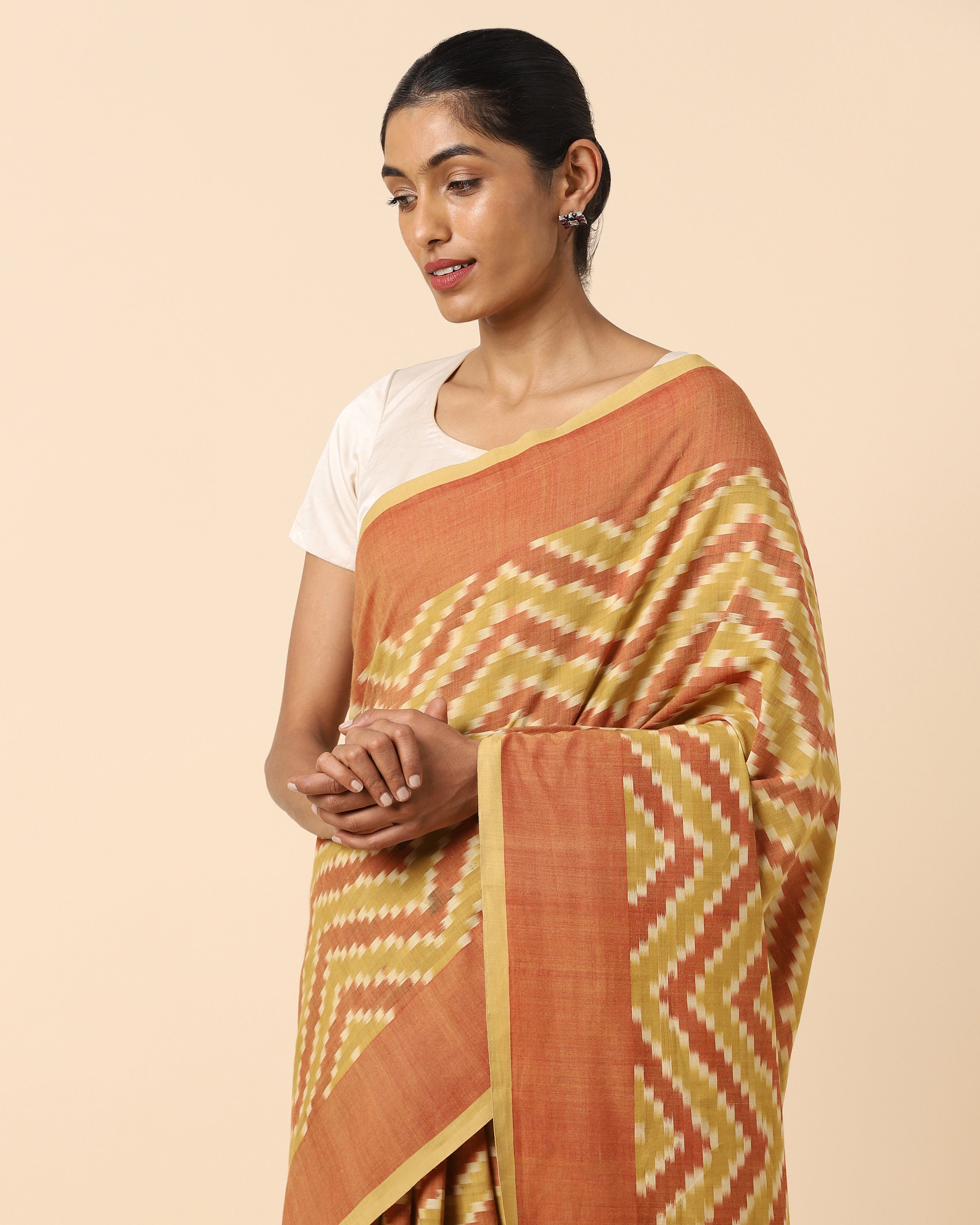 Megha Chanderi Silk and Ikat Cotton Fusion Saree – Prasam Crafts