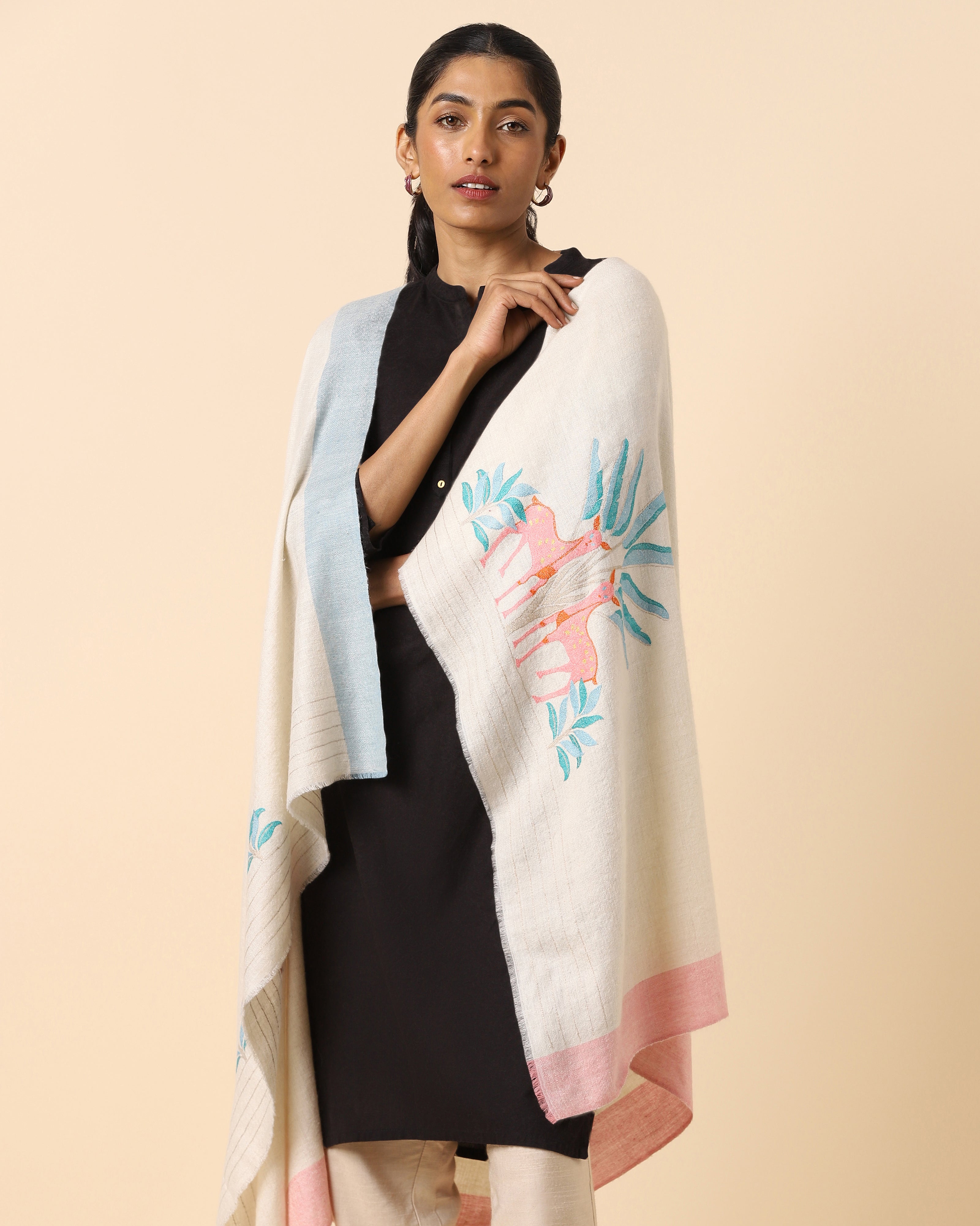Hiran Sozni Embroidery Pashmina Shawl - Light Beige