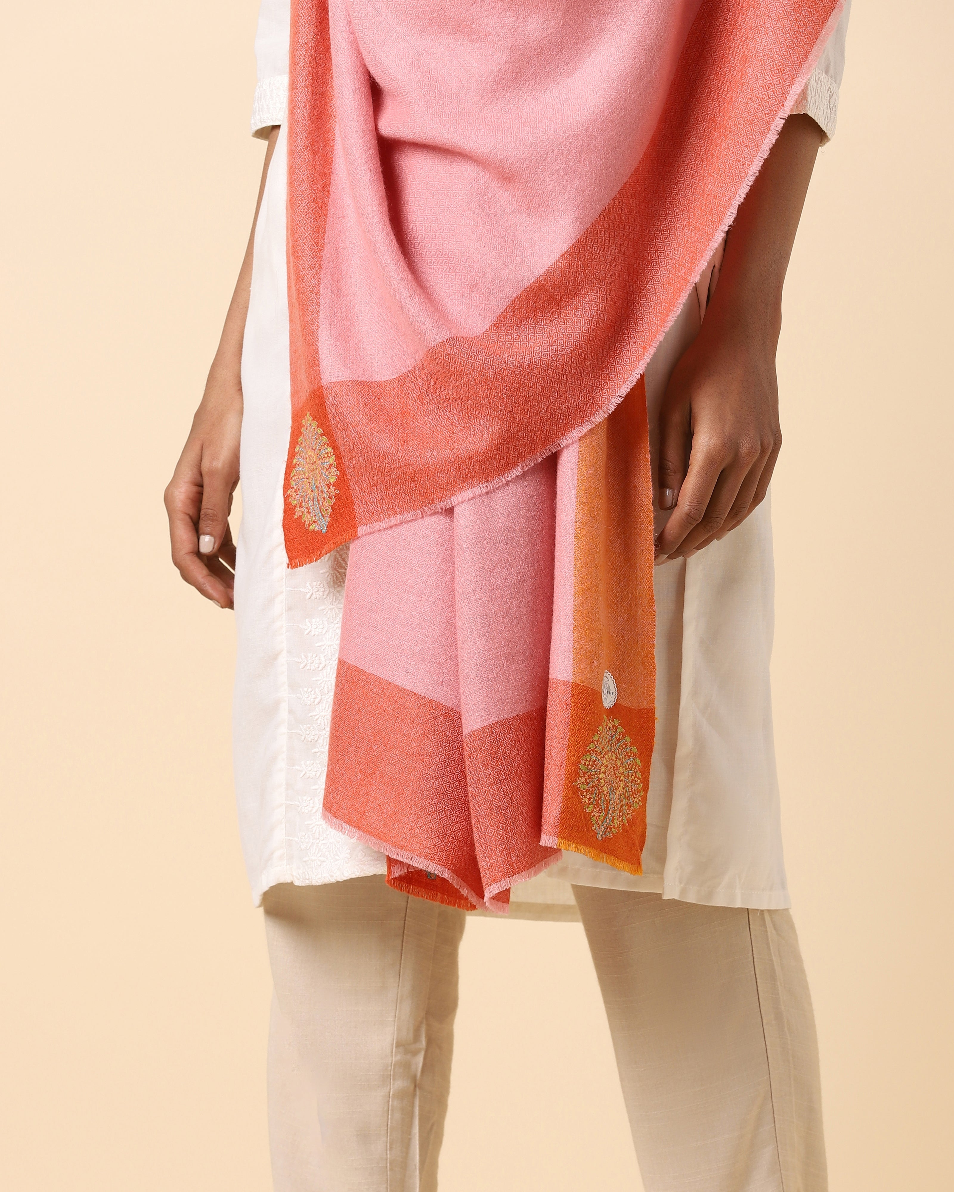 Rekha Sozni Embroidery Pashmina Shawl - Light Pink