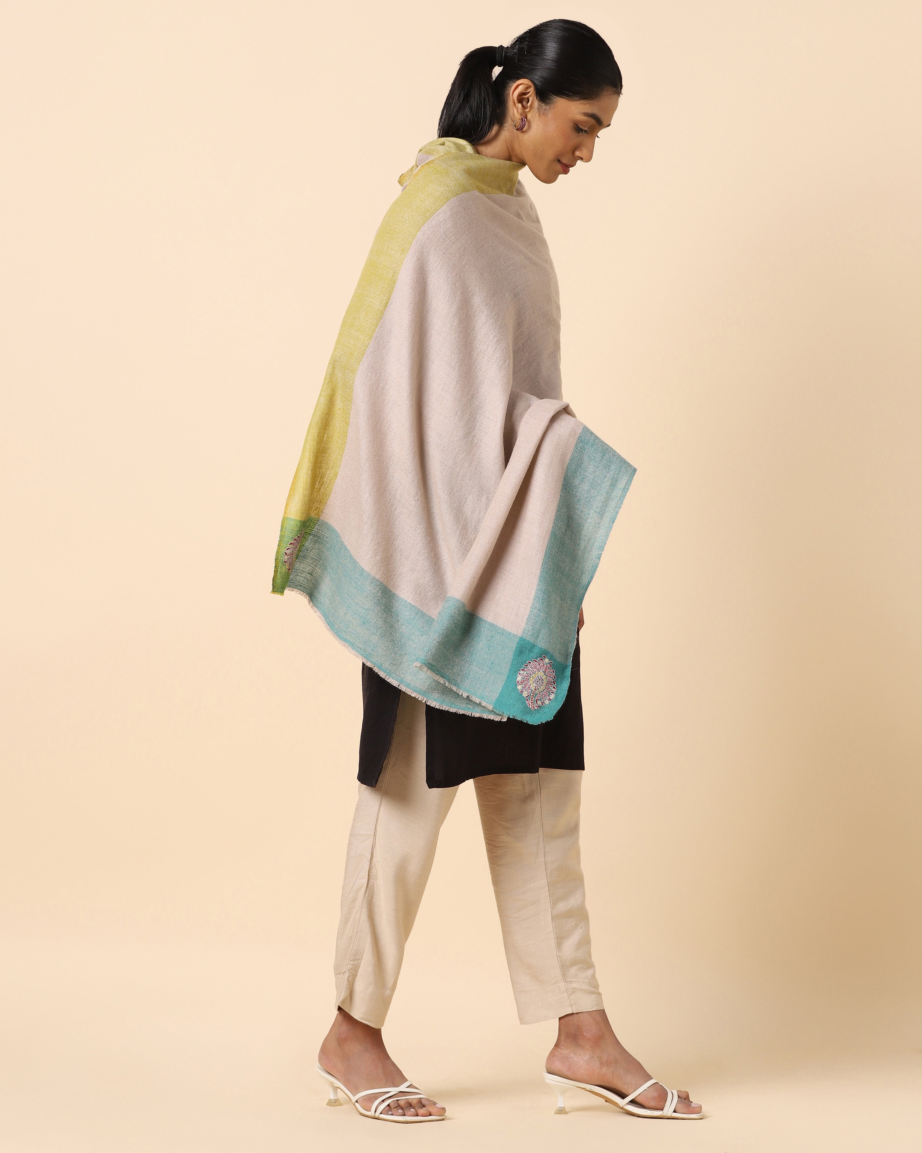 Rekha Sozni Embroidery Pashmina Shawl - Light Grey