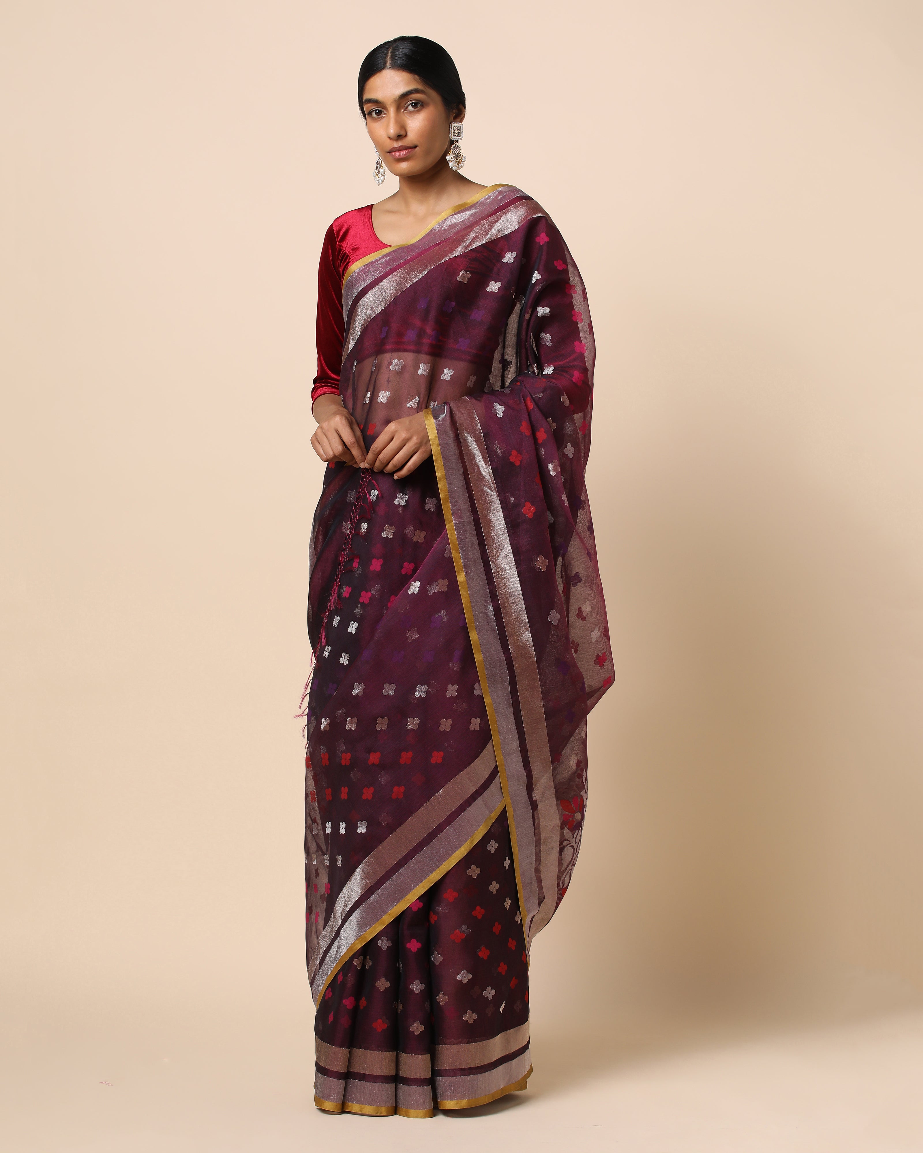 Handloom Jamdani Sub Dhakai Saree - Purple on White - ArtisanSoul