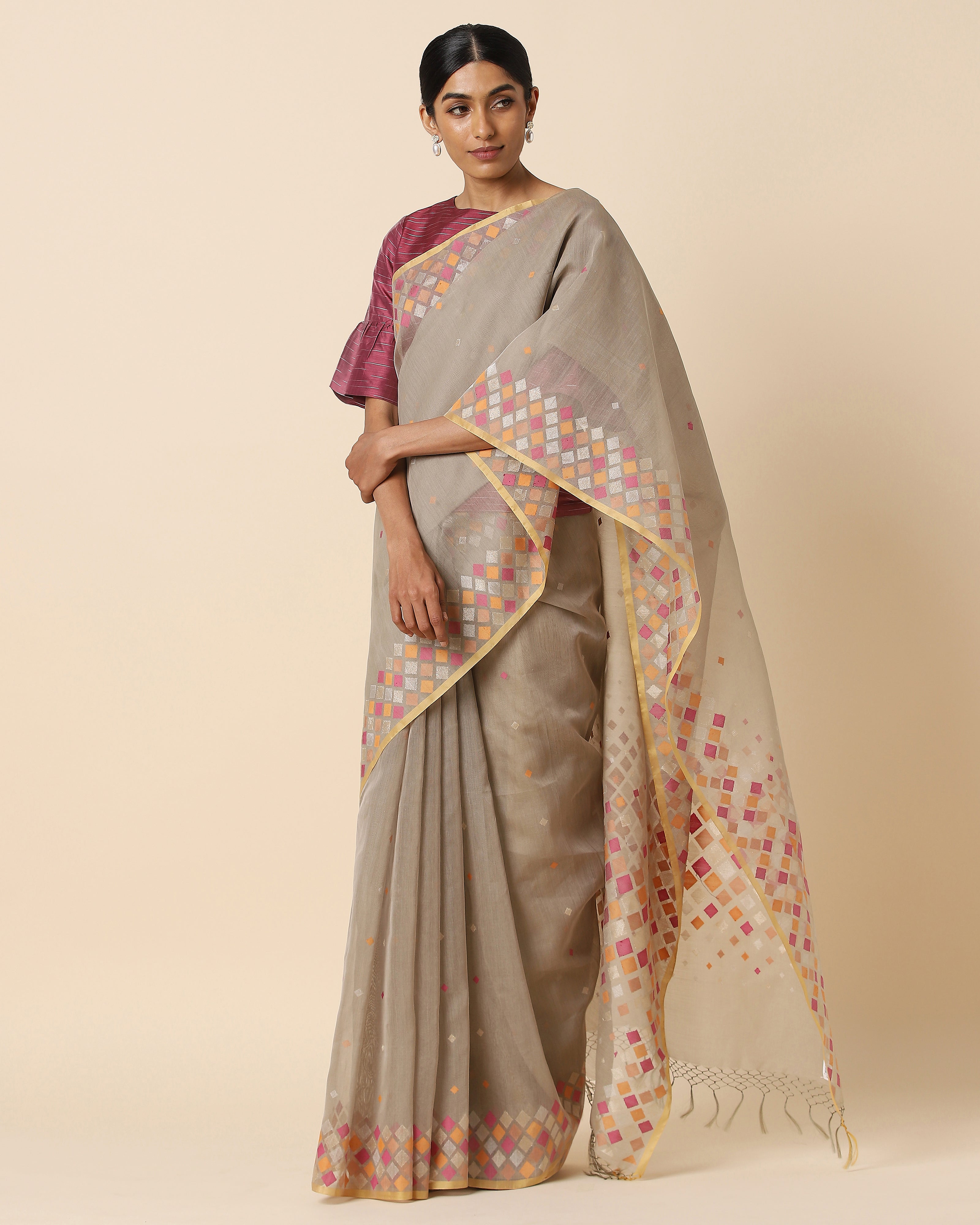 Women's Cotton Silk Dhakai Jamdani Handloom Saree In Beige With Multicolor  Thread Work