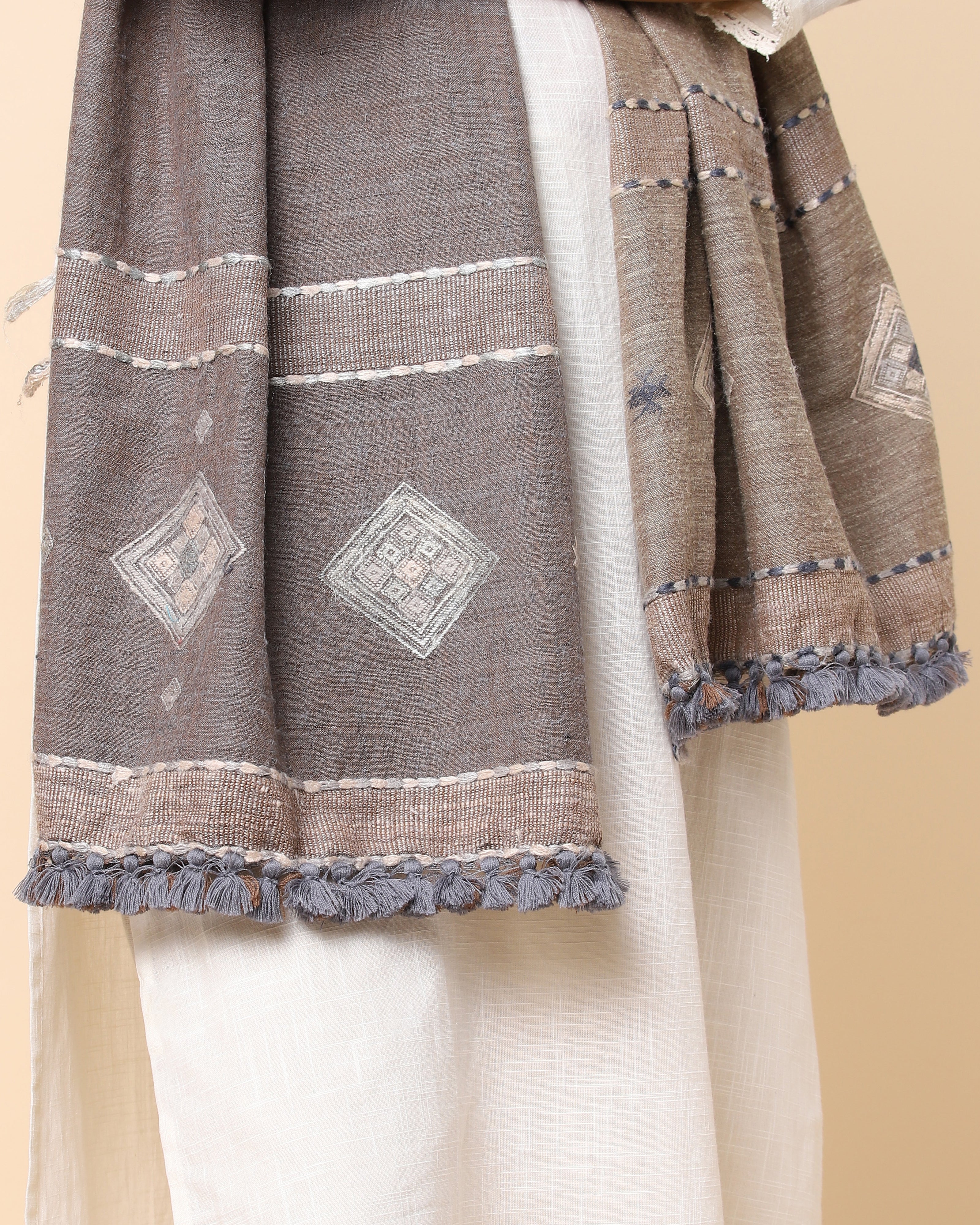 Caria Extra Weft Wool Silk Stole - Medium Brown