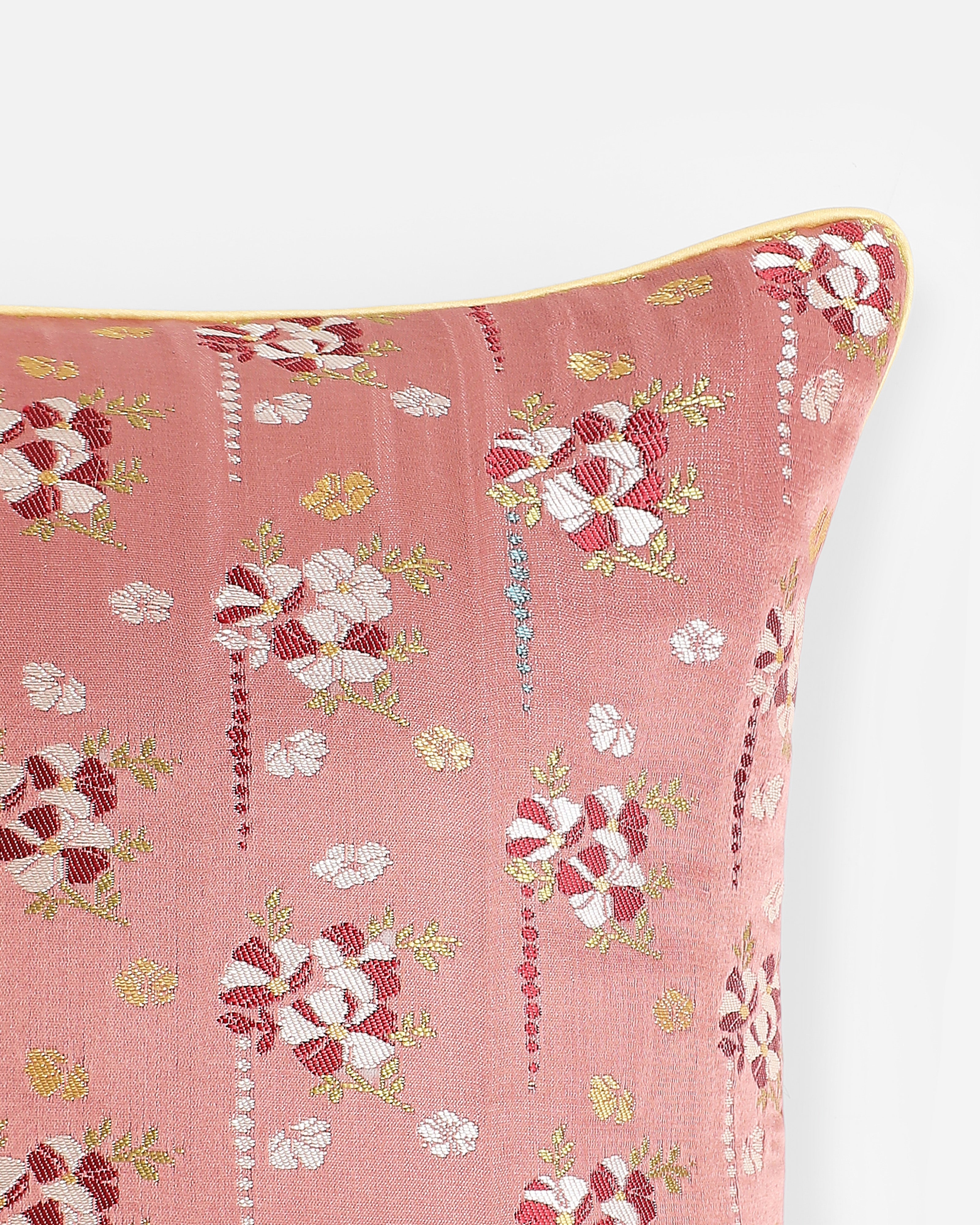 Hibiscus Bunch Banarasi Satin Brocade Silk Viscose Cushion Cover