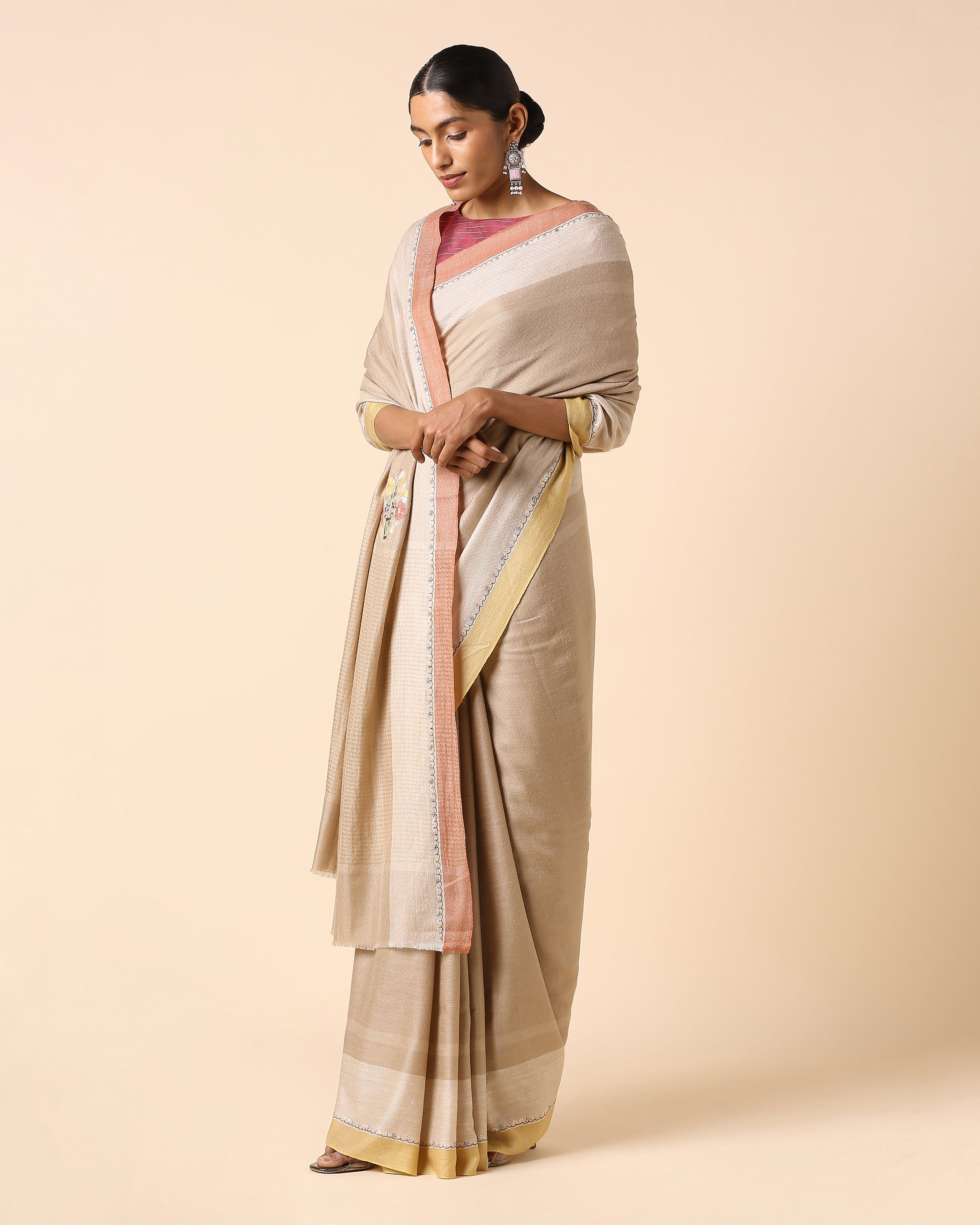 Ishya Kashmir Sozni Embroidery Pashmina Saree