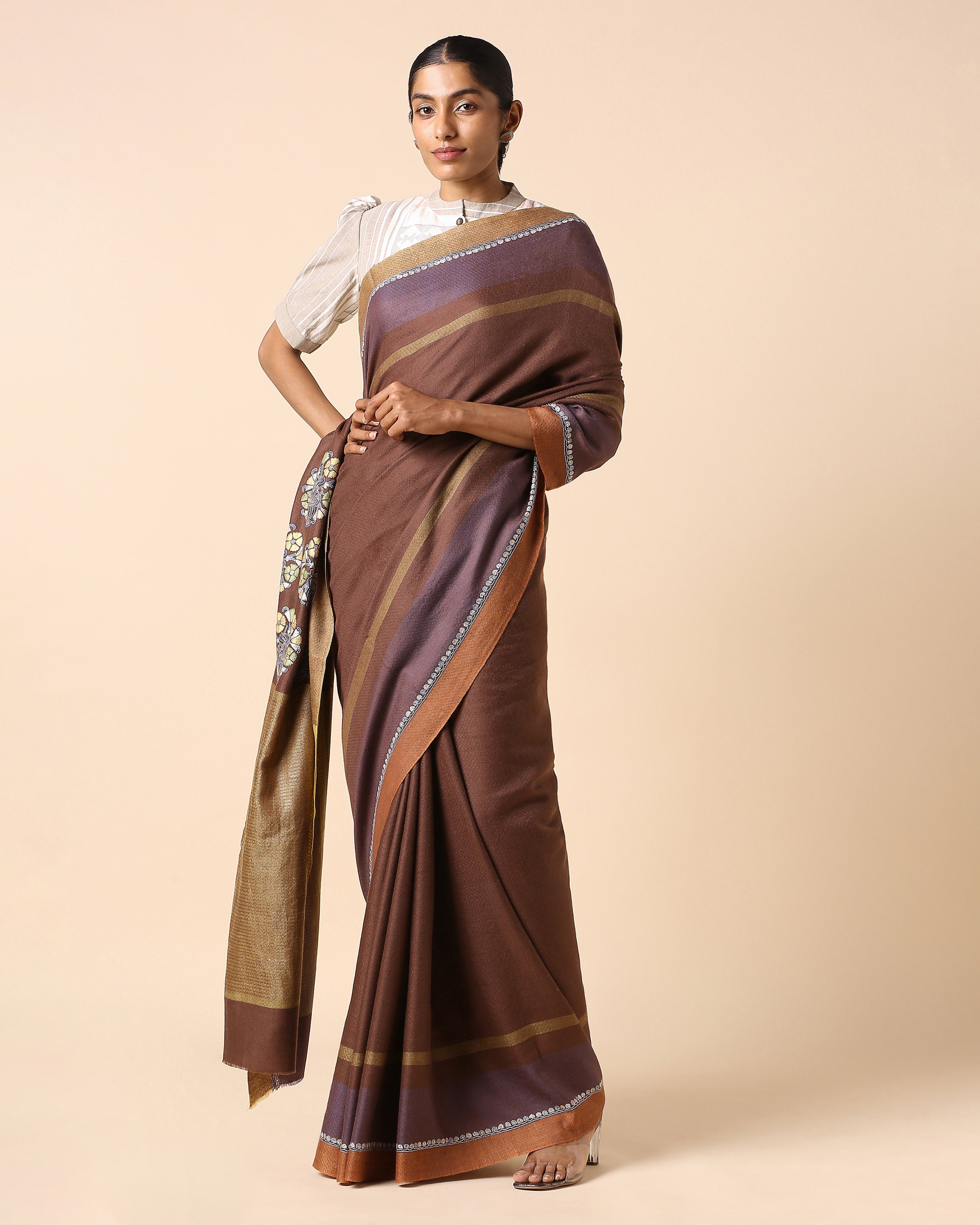 Ishya Kashmir Sozni Embroidery Pashmina Saree