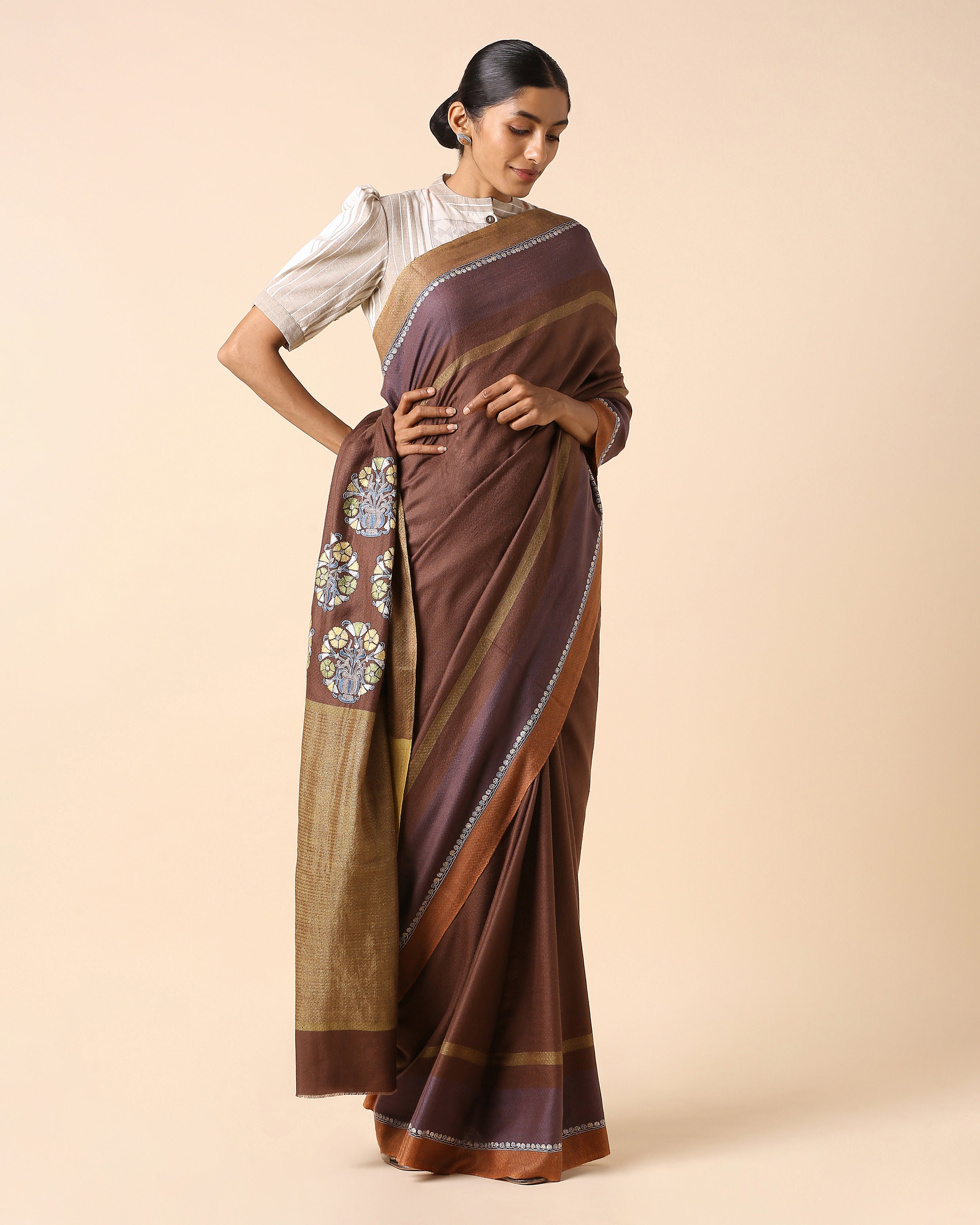 Ishya Kashmir Sozni Embroidery Pashmina Saree