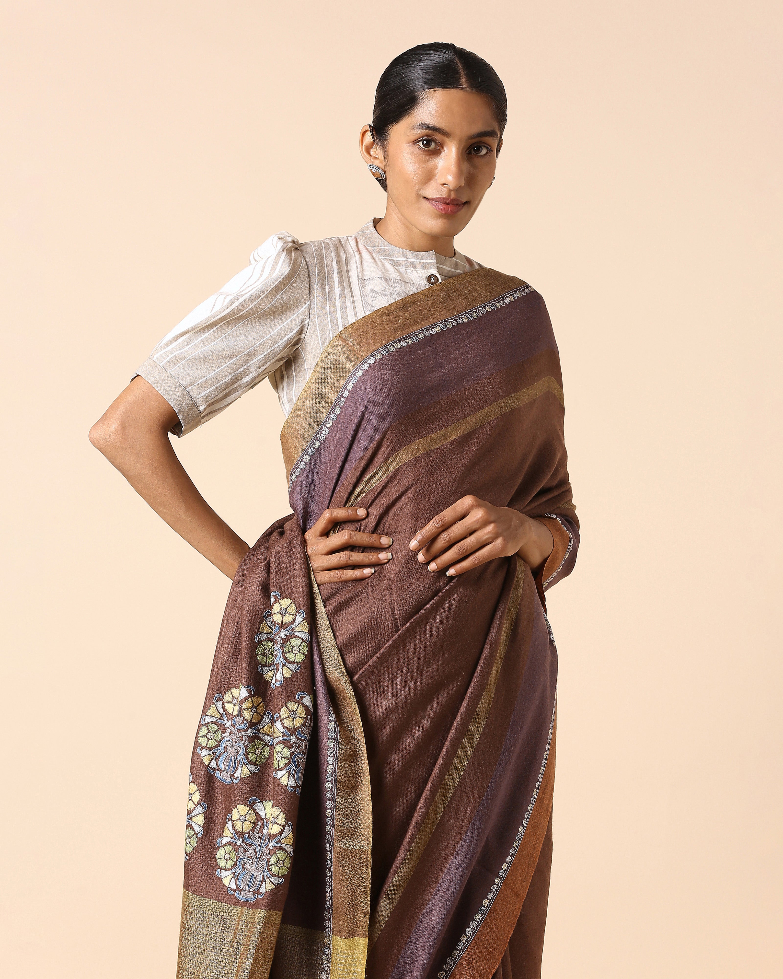 Ishya Kashmir Sozni Embroidery Pashmina Saree