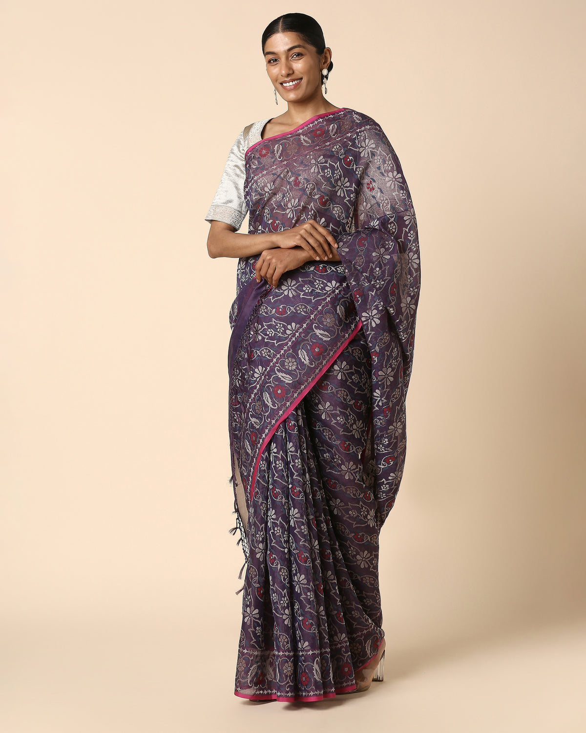 Buy Mahil Banarasi Jamdani Medium Violet Silk Cotton Saree | Aadyam